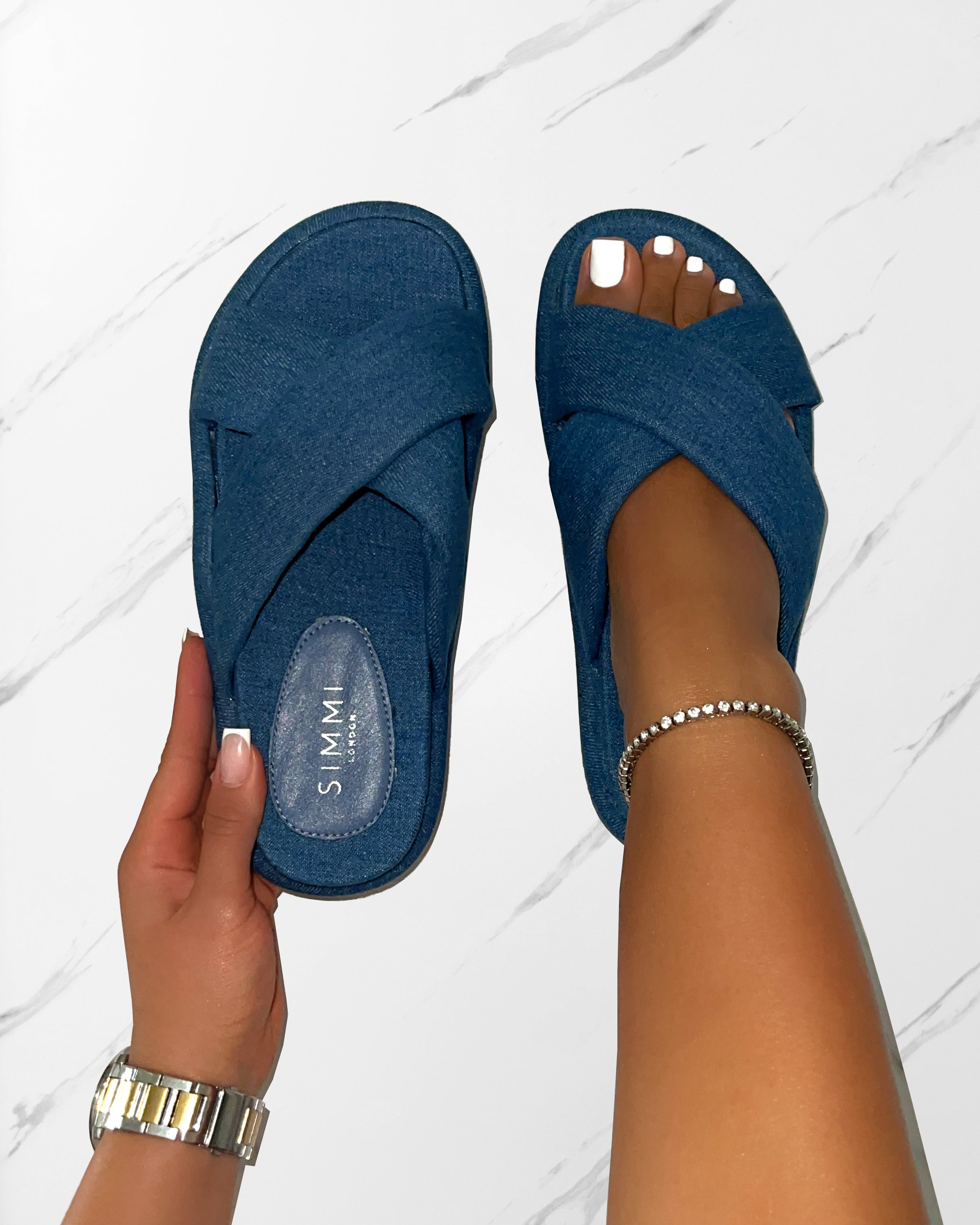 Forest Blue Denim Crossover Flat Sandals | SIMMI London