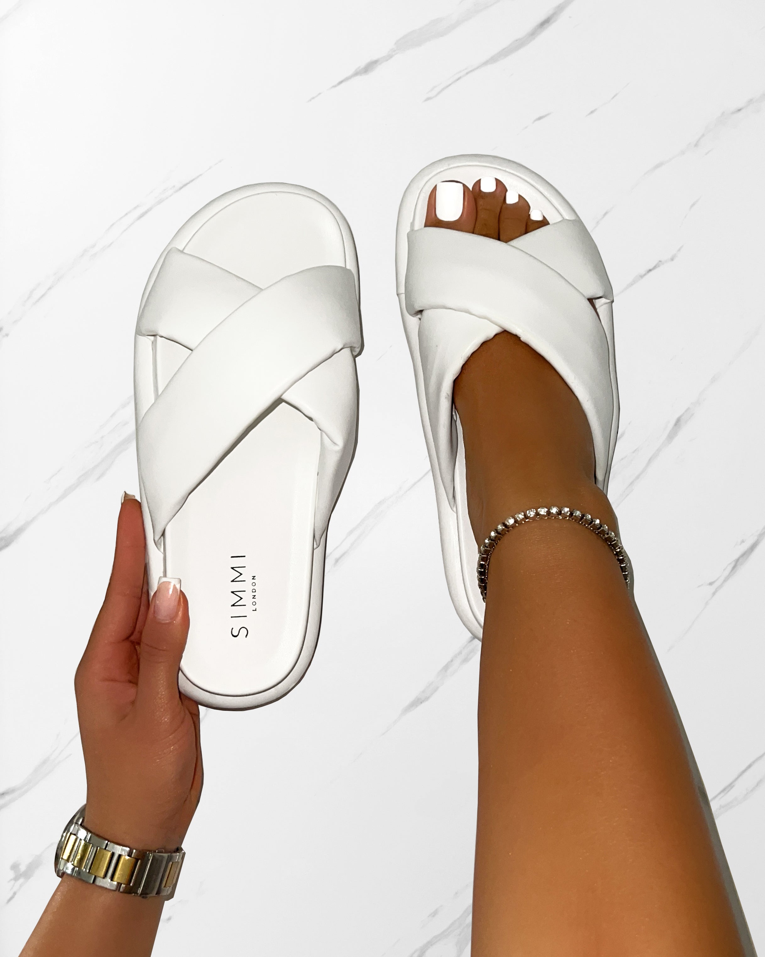 Forest White Crossover Flat Sandals | SIMMI London