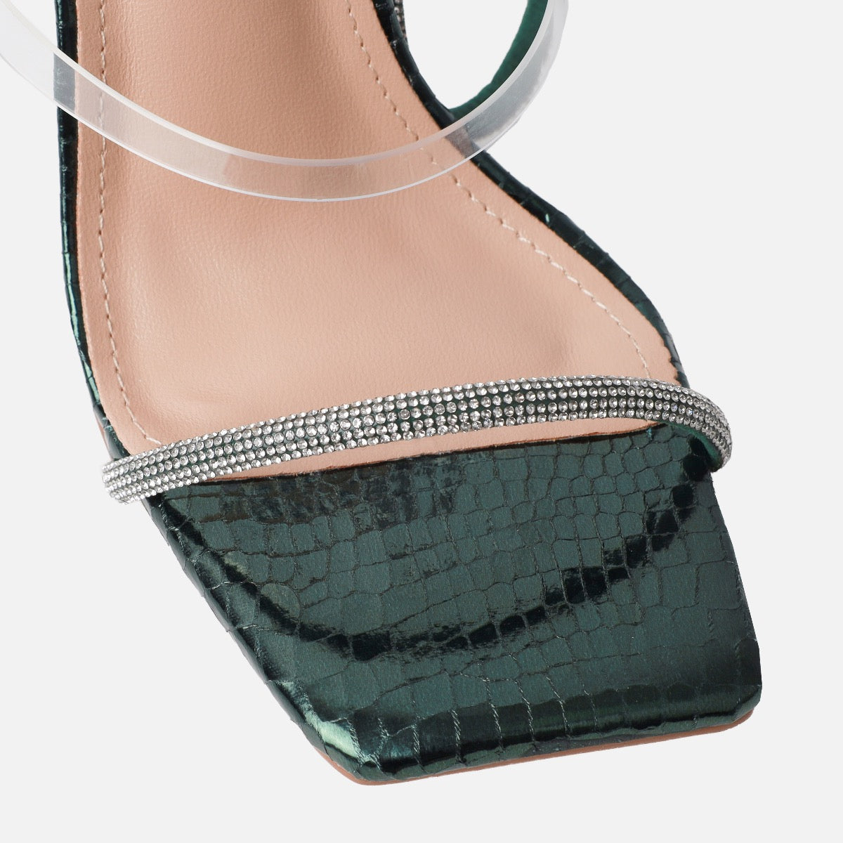 Sammi Green Faux Snake Print Clear Diamante Toggle Stiletto Heels | SIMMI London
