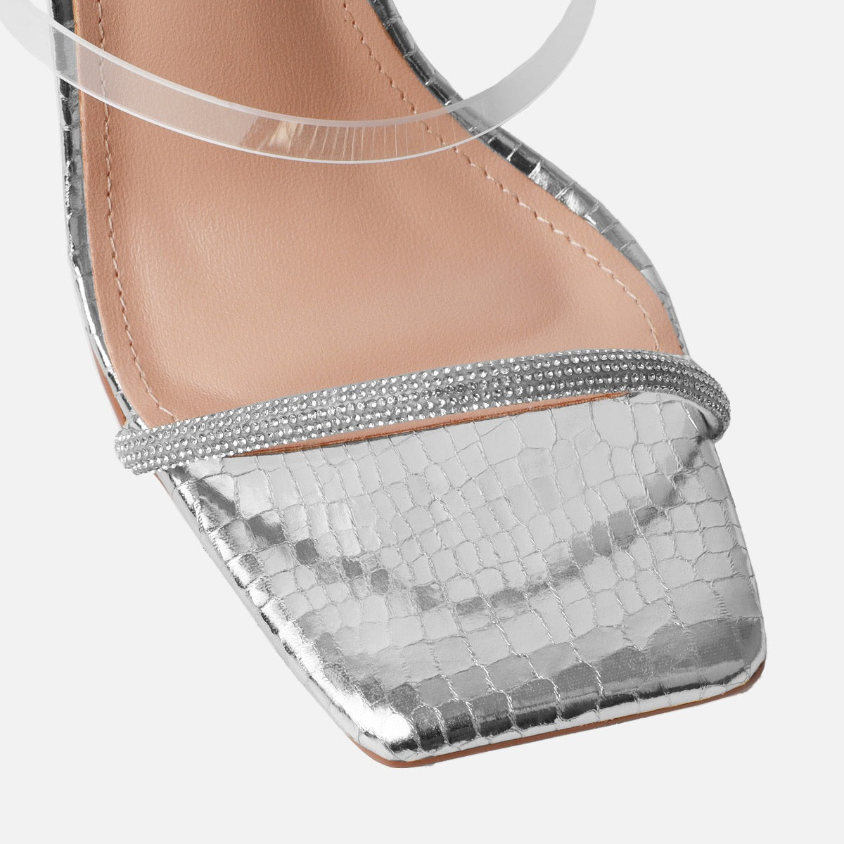 Sammi Silver Faux Snake Print Diamante Toggle Stiletto Heels | SIMMI London