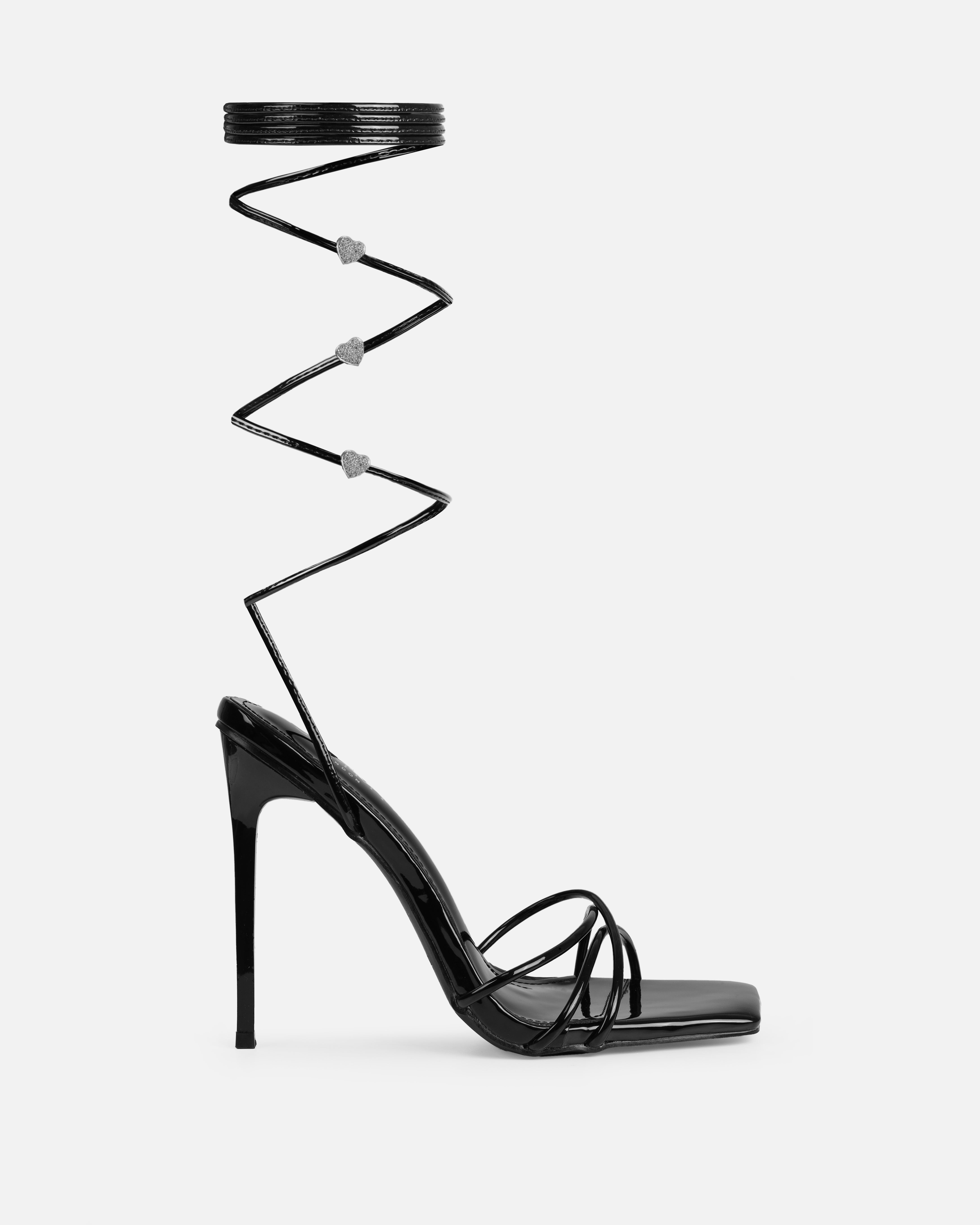 Heiti Black Patent Diamante Heart Lace Up Heels | SIMMI London
