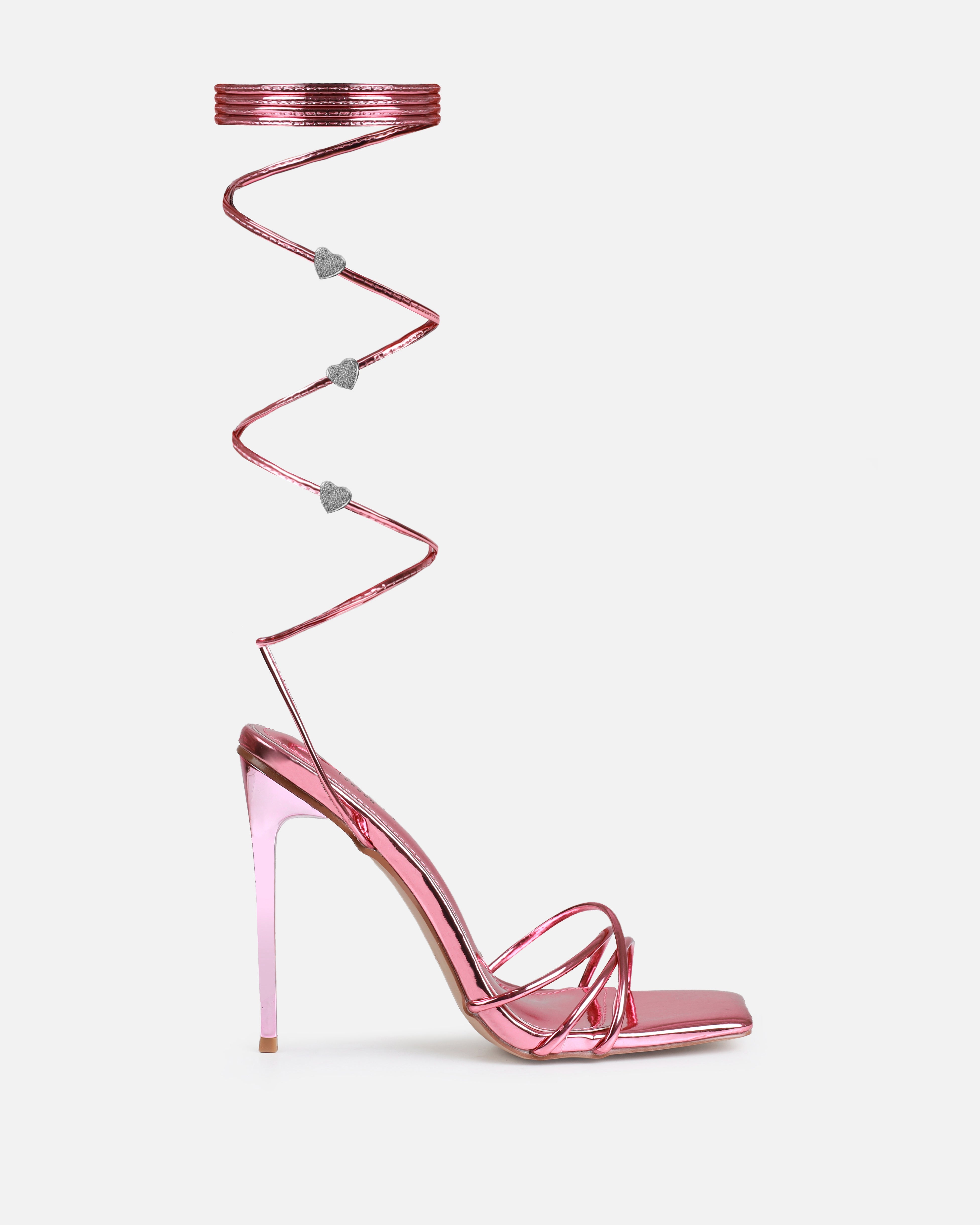 Heiti Pink Patent Diamante Heart Lace Up Heels | SIMMI London