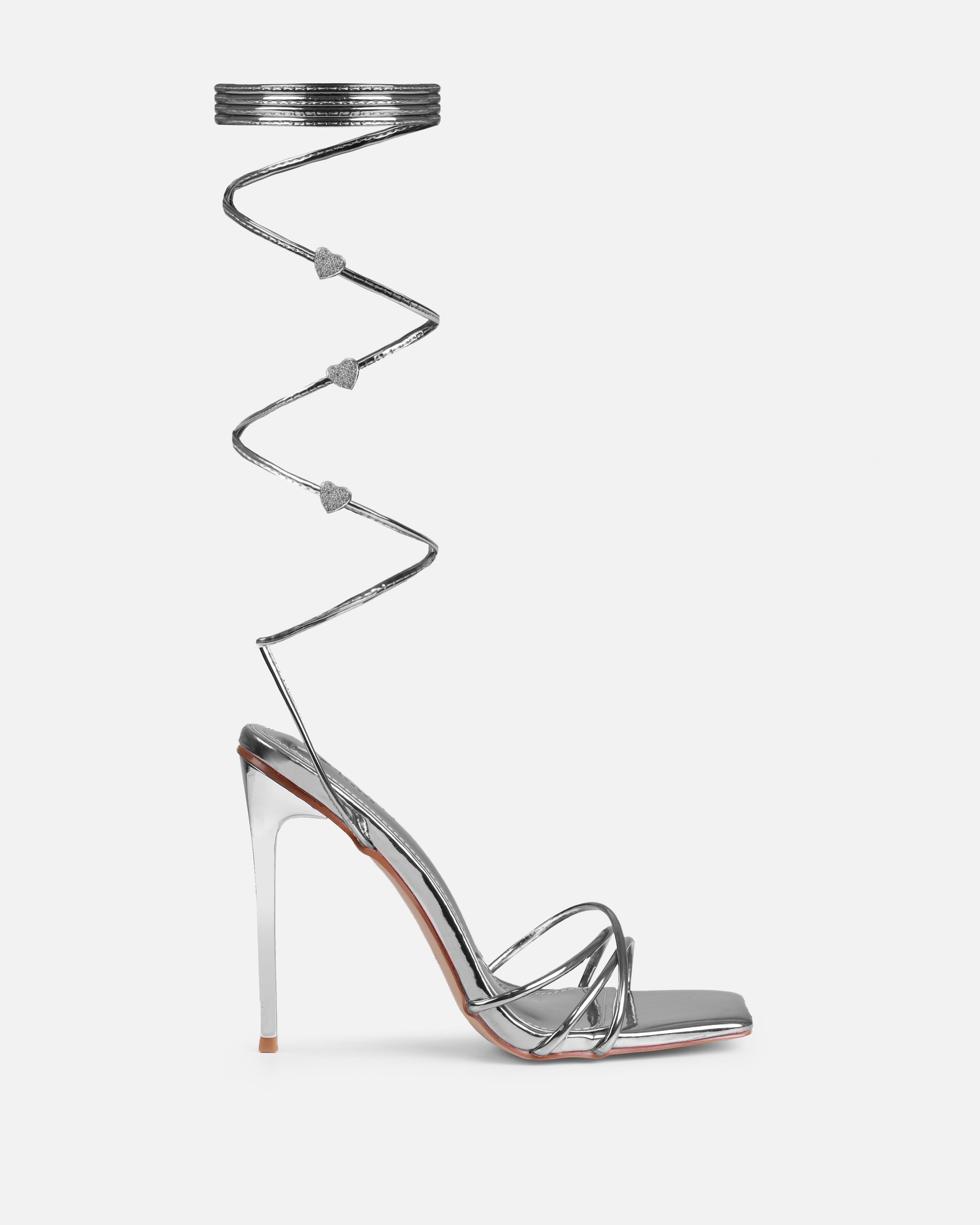Heiti Silver Patent Diamante Heart Lace Up Heels | SIMMI London