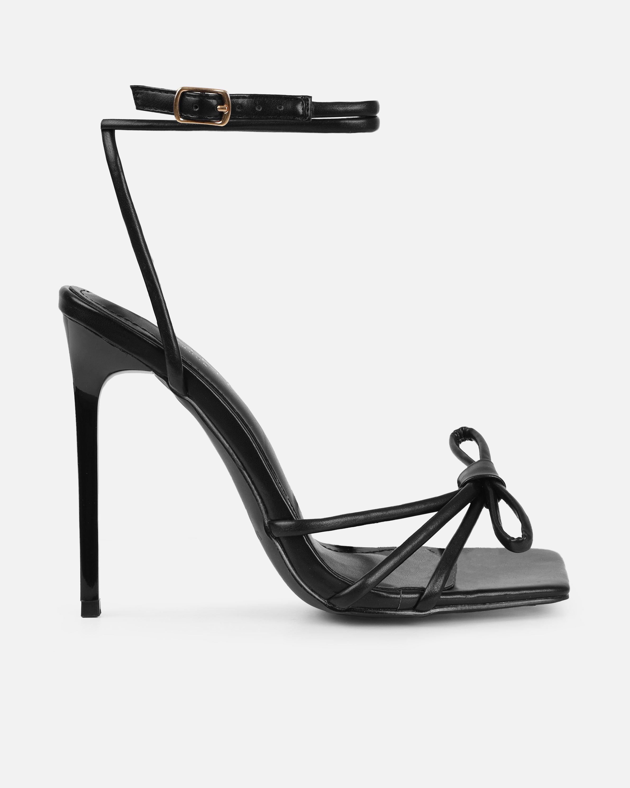 Sita Black Square Toe Bow Stiletto Heels | SIMMI London
