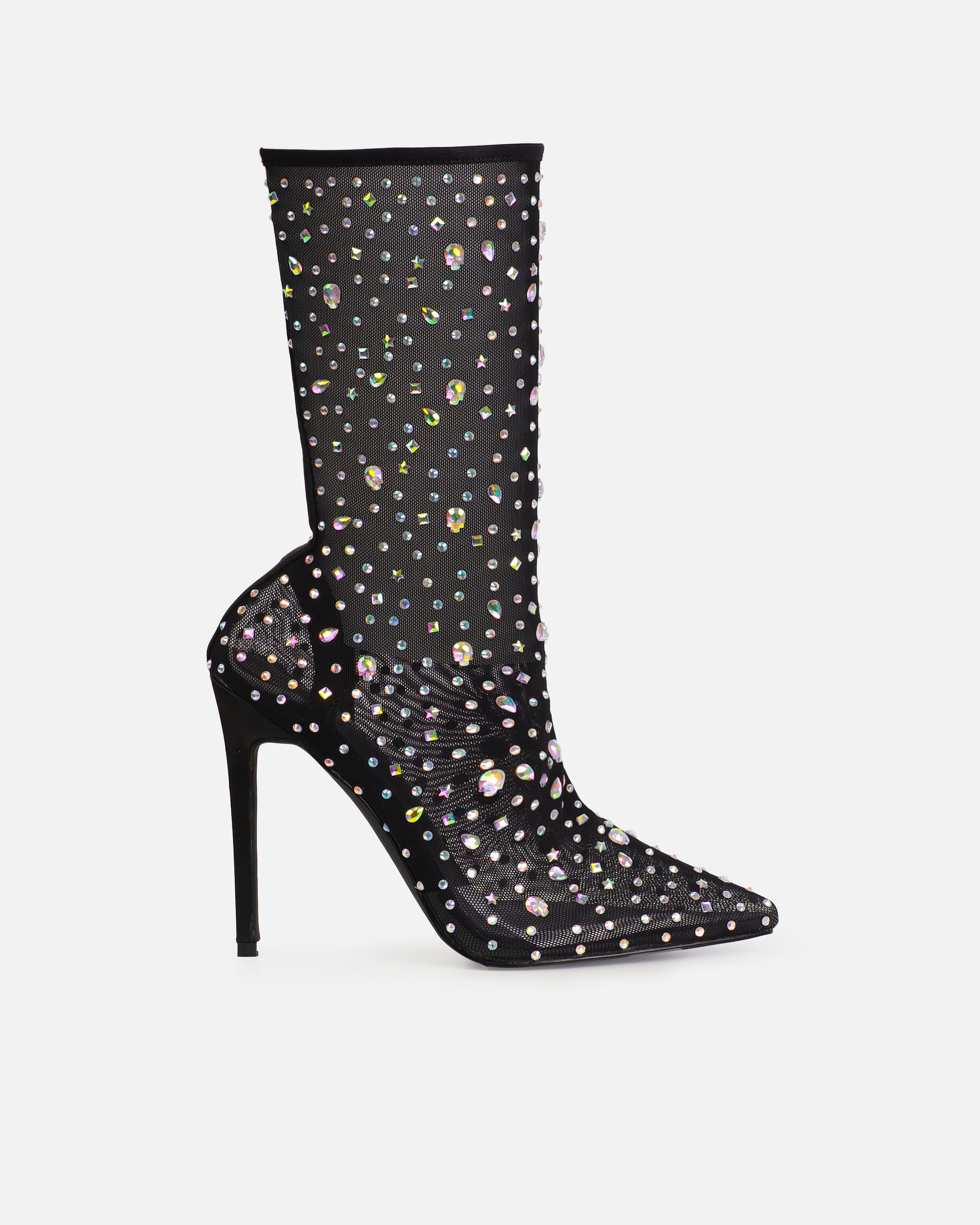 Sparki Black Mesh Diamante Stiletto Heels | SIMMI London