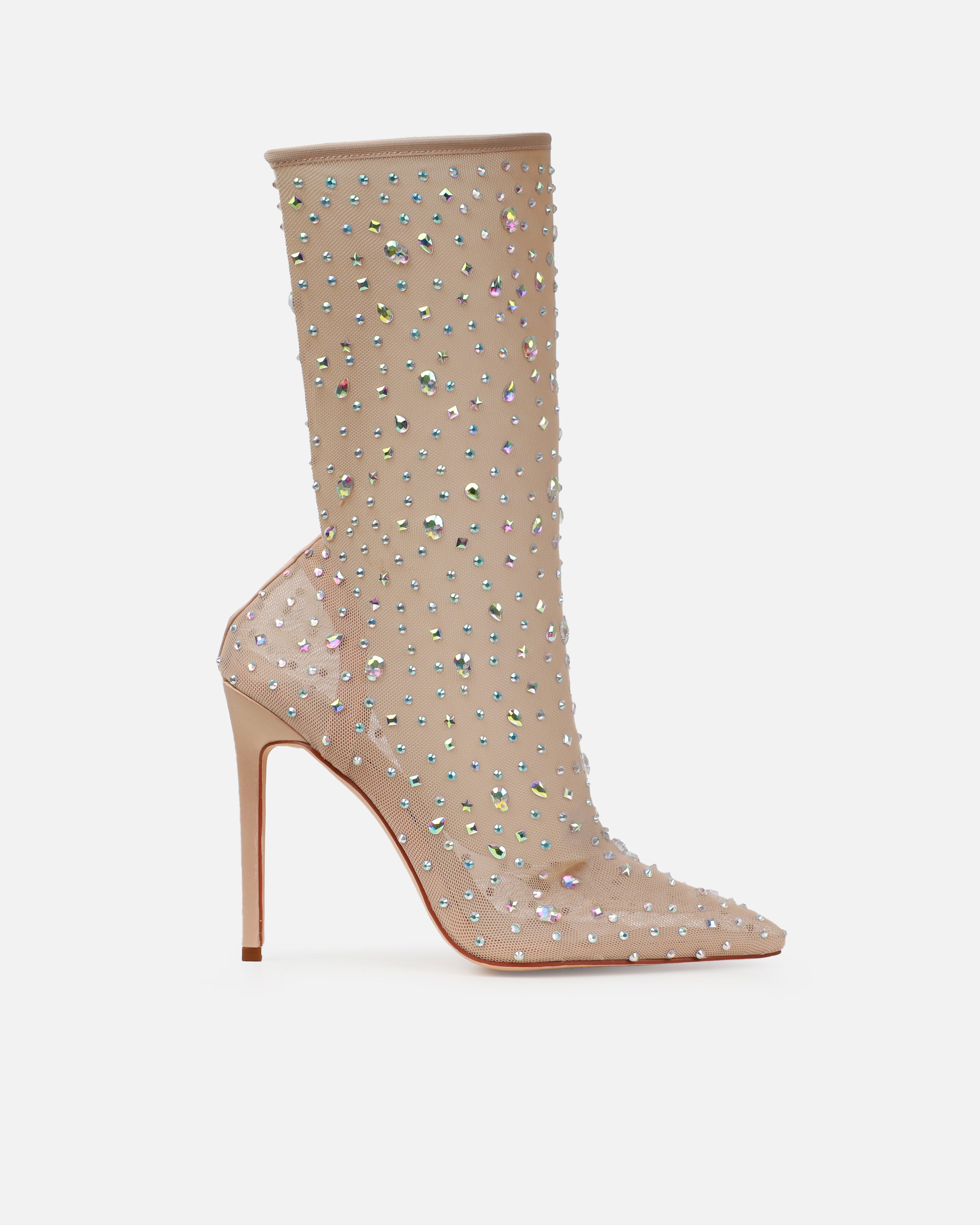 Sparki Nude Mesh Diamante Stiletto Heels | SIMMI London