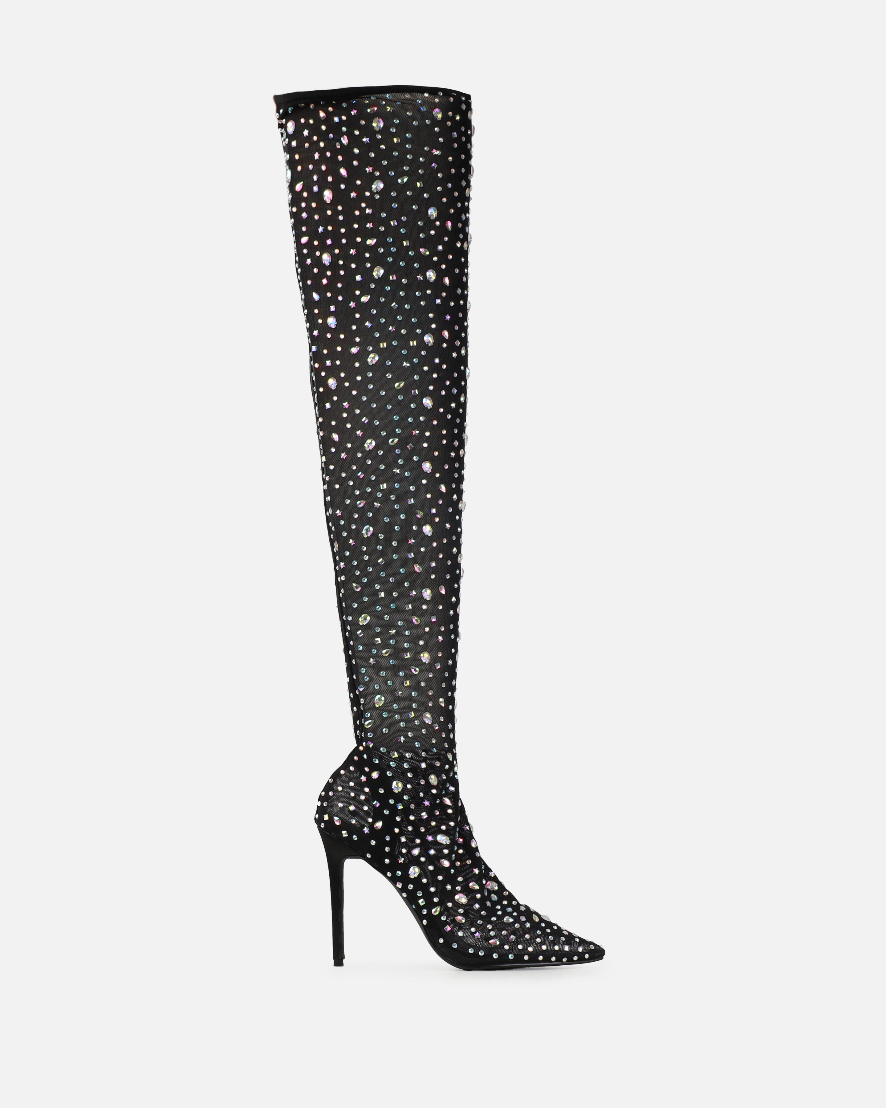 Mary Bedford Sparko Black Mesh Diamante Thigh High Boots | SIMMI London