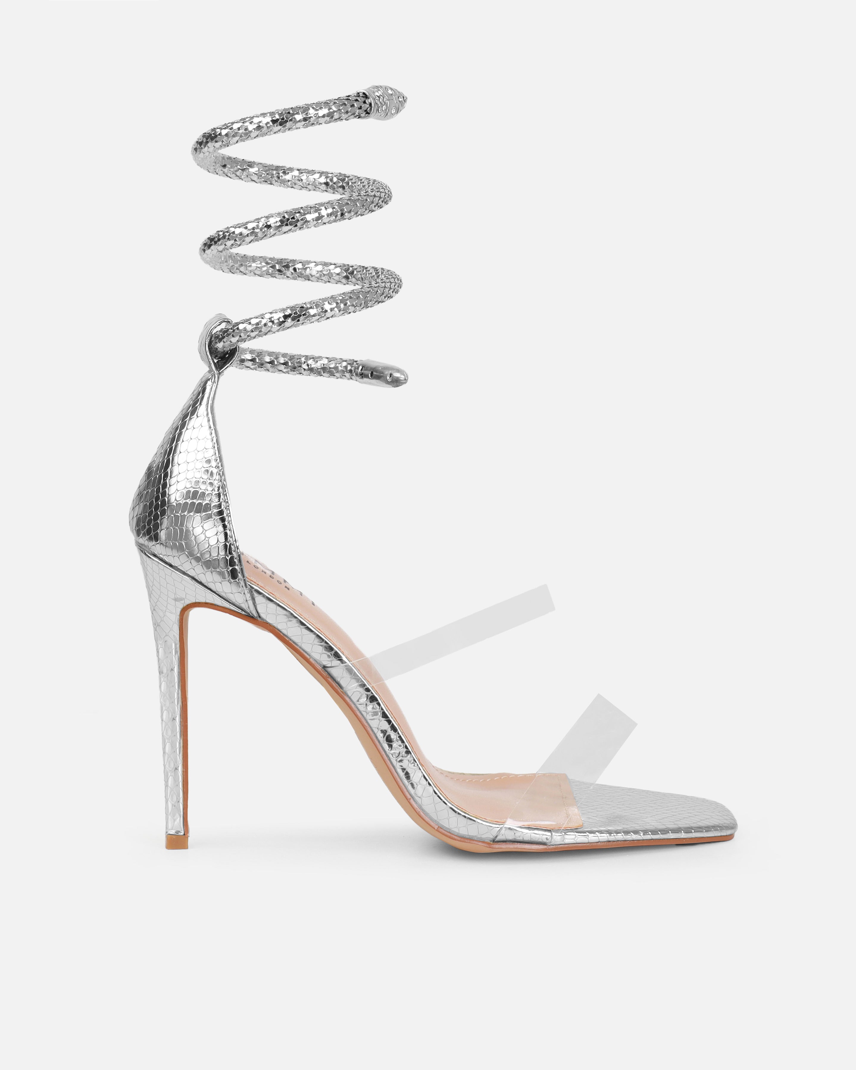 Medusa Silver Faux Snake Print Spiral Stiletto Sandals | SIMMI London