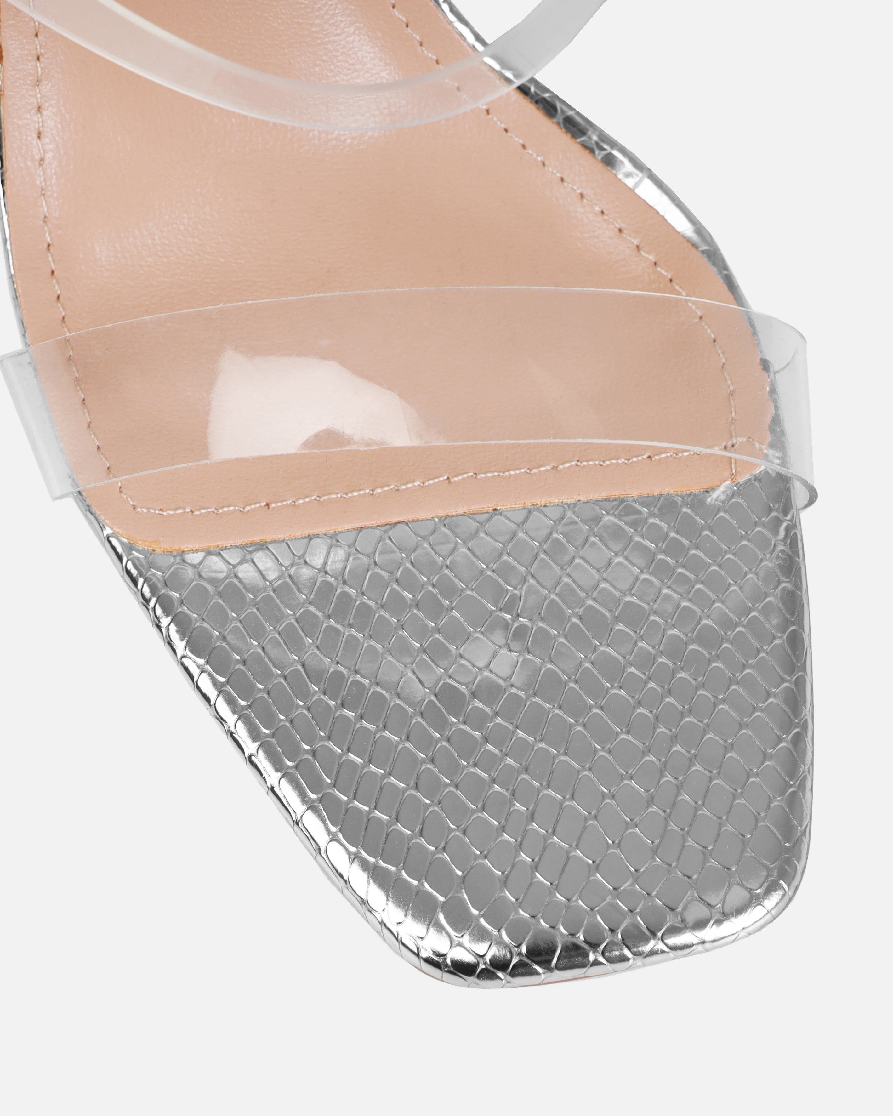 Medusa Silver Faux Snake Print Spiral Stiletto Sandals | SIMMI London