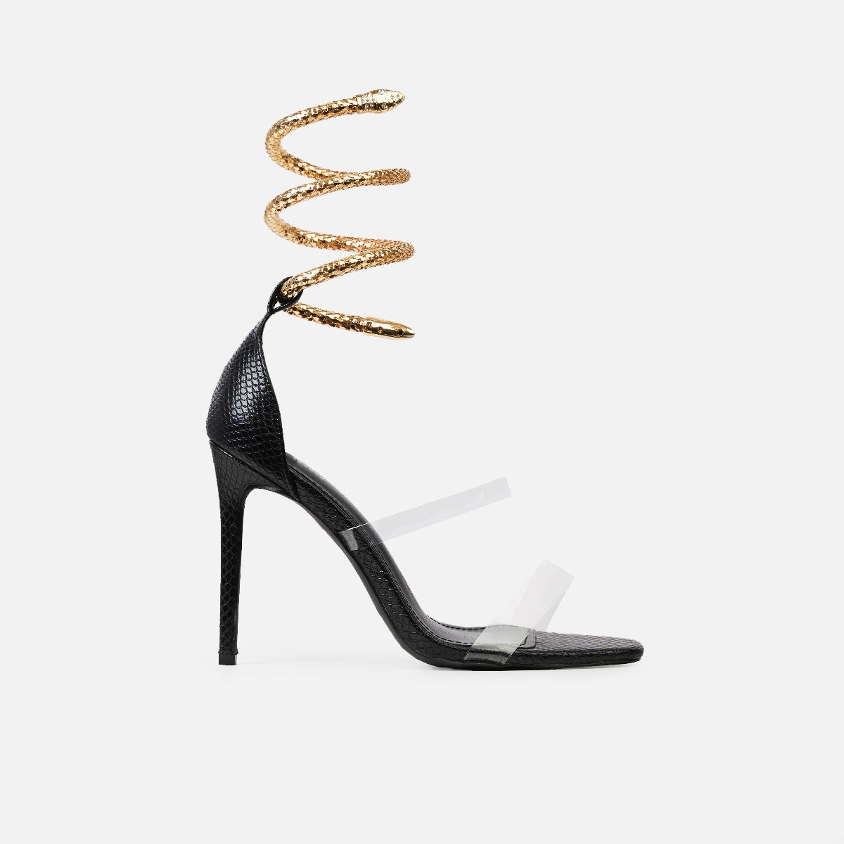 Remi Wide Fit Black Faux Snake Print Cuff Stiletto Heels | SIMMI London
