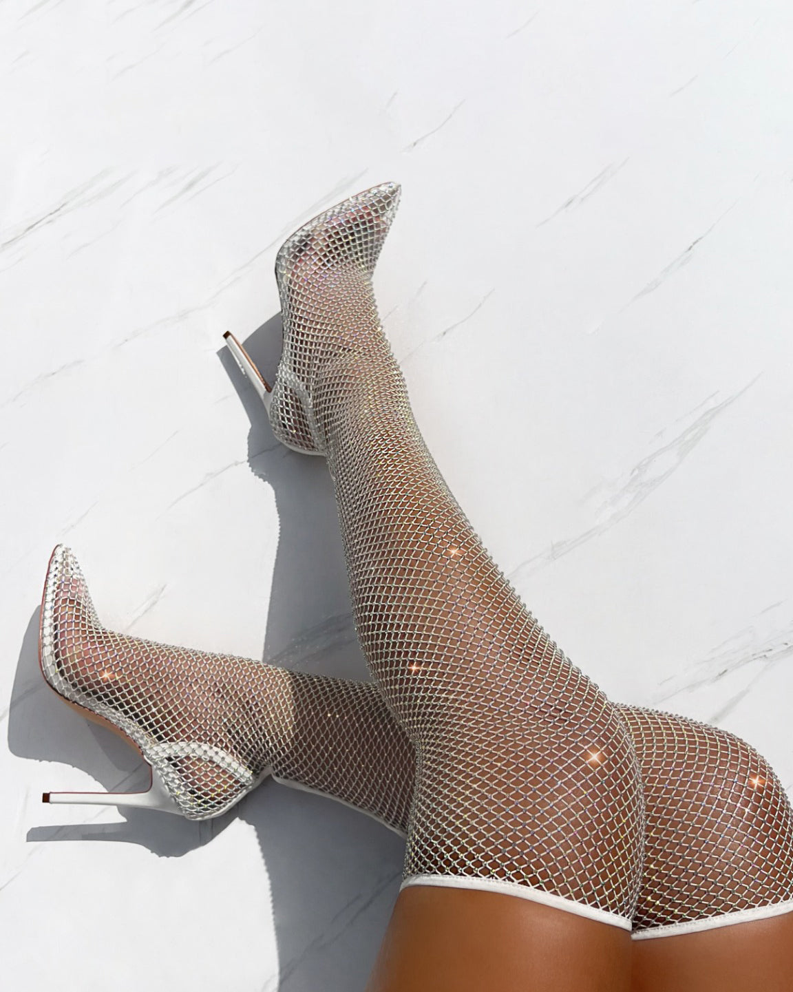 Onika White Diamante Fishnet Thigh High Heels | SIMMI London