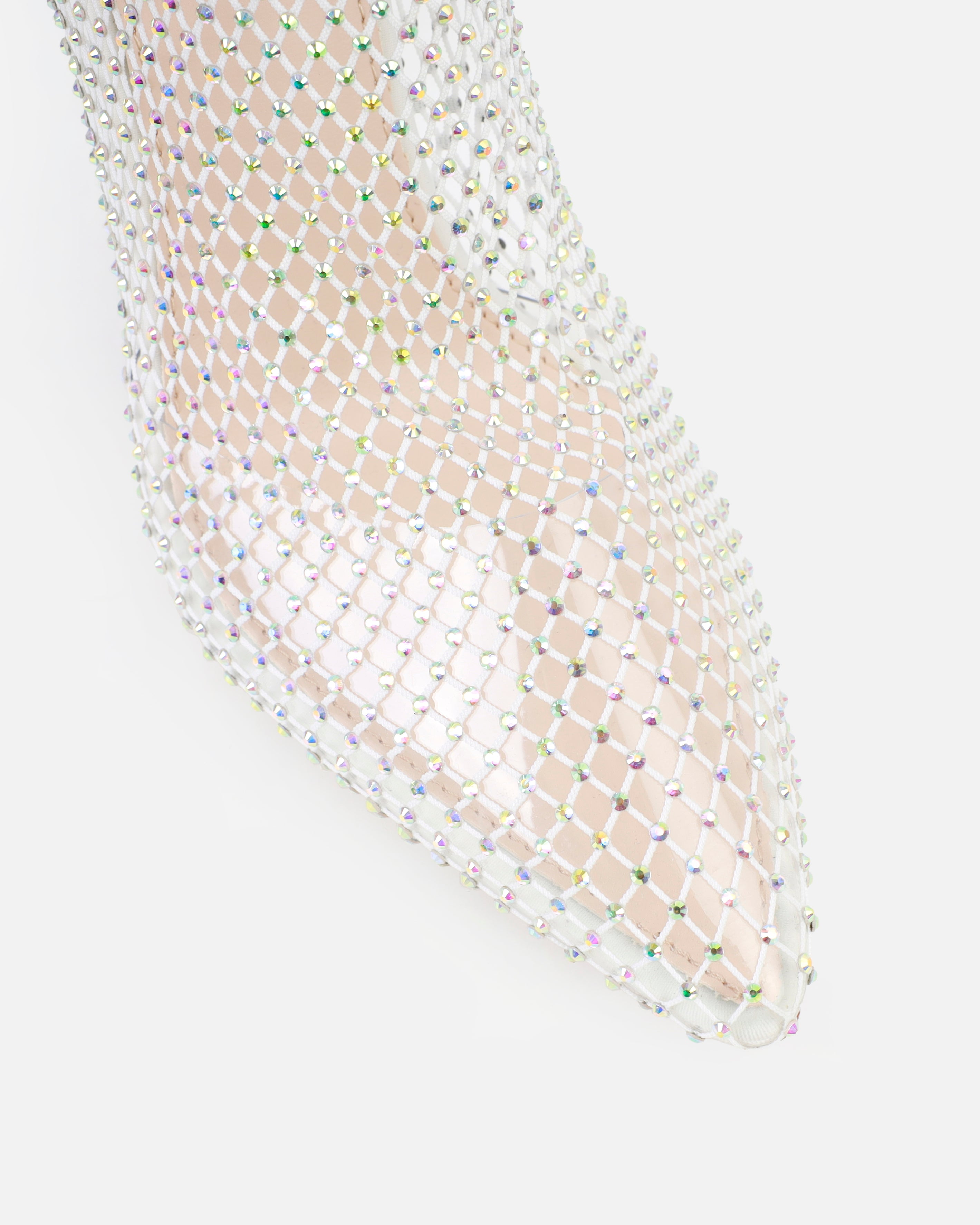 Onika White Diamante Fishnet Thigh High Heels | SIMMI London