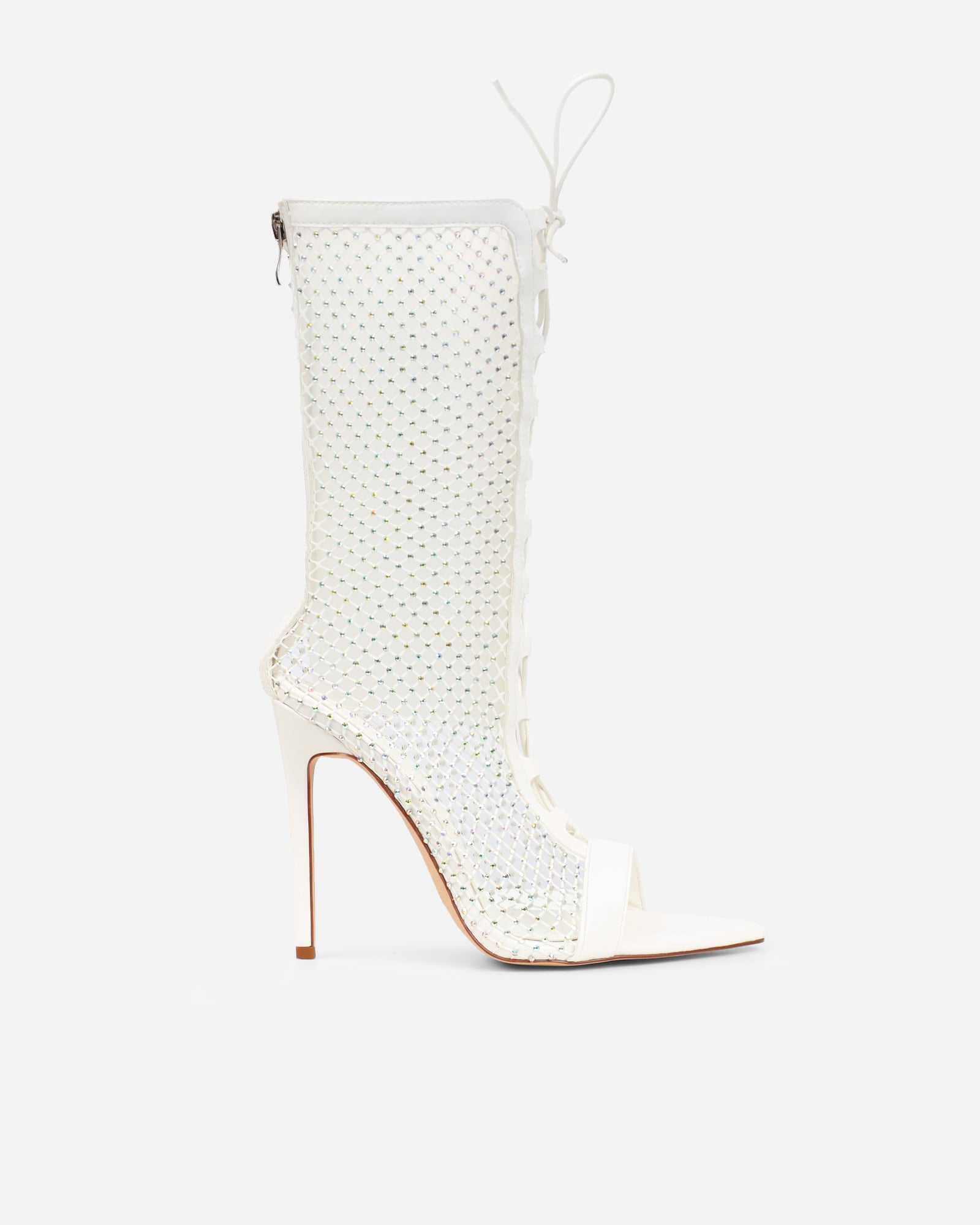 Prima White Diamante Mesh Lace Up Heeled Sandals  | SIMMI London