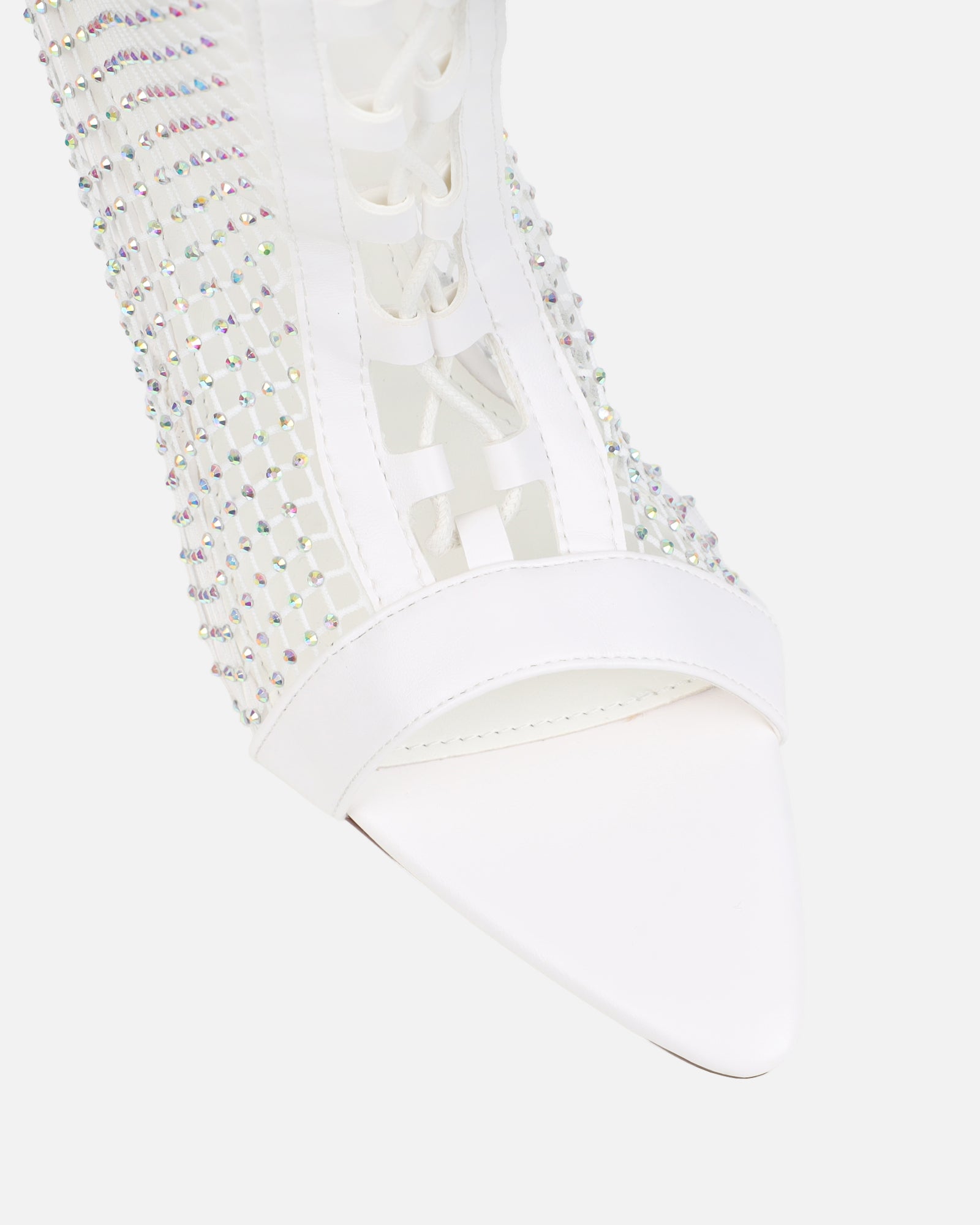 Prima White Diamante Mesh Lace Up Heeled Sandals  | SIMMI London