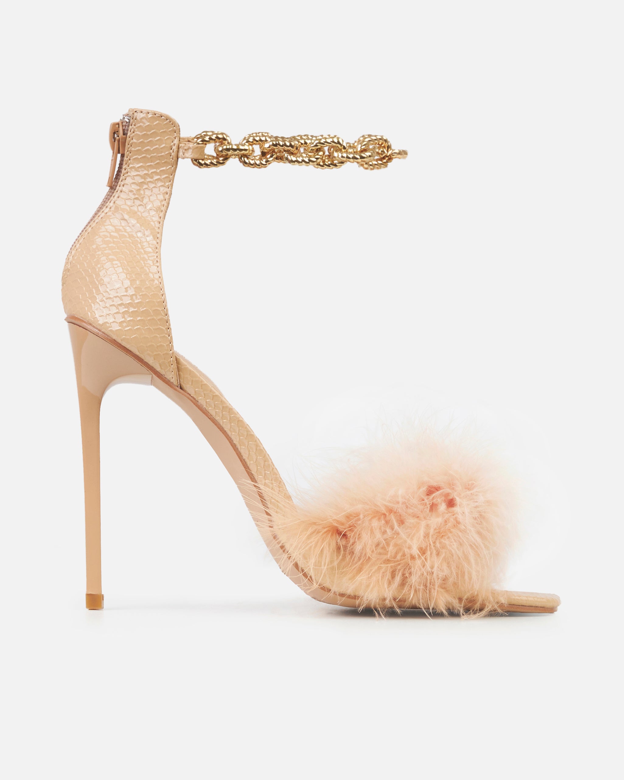 Saphire Nude Faux Snake Fluffy Heeled Sandals With Chains | SIMMI London