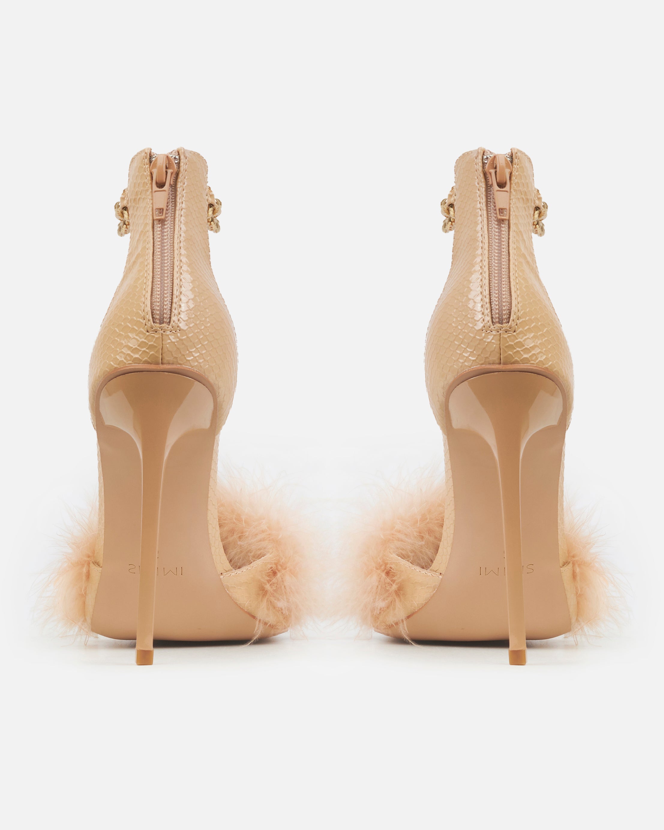 Saphire Nude Faux Snake Fluffy Heeled Sandals With Chains | SIMMI London