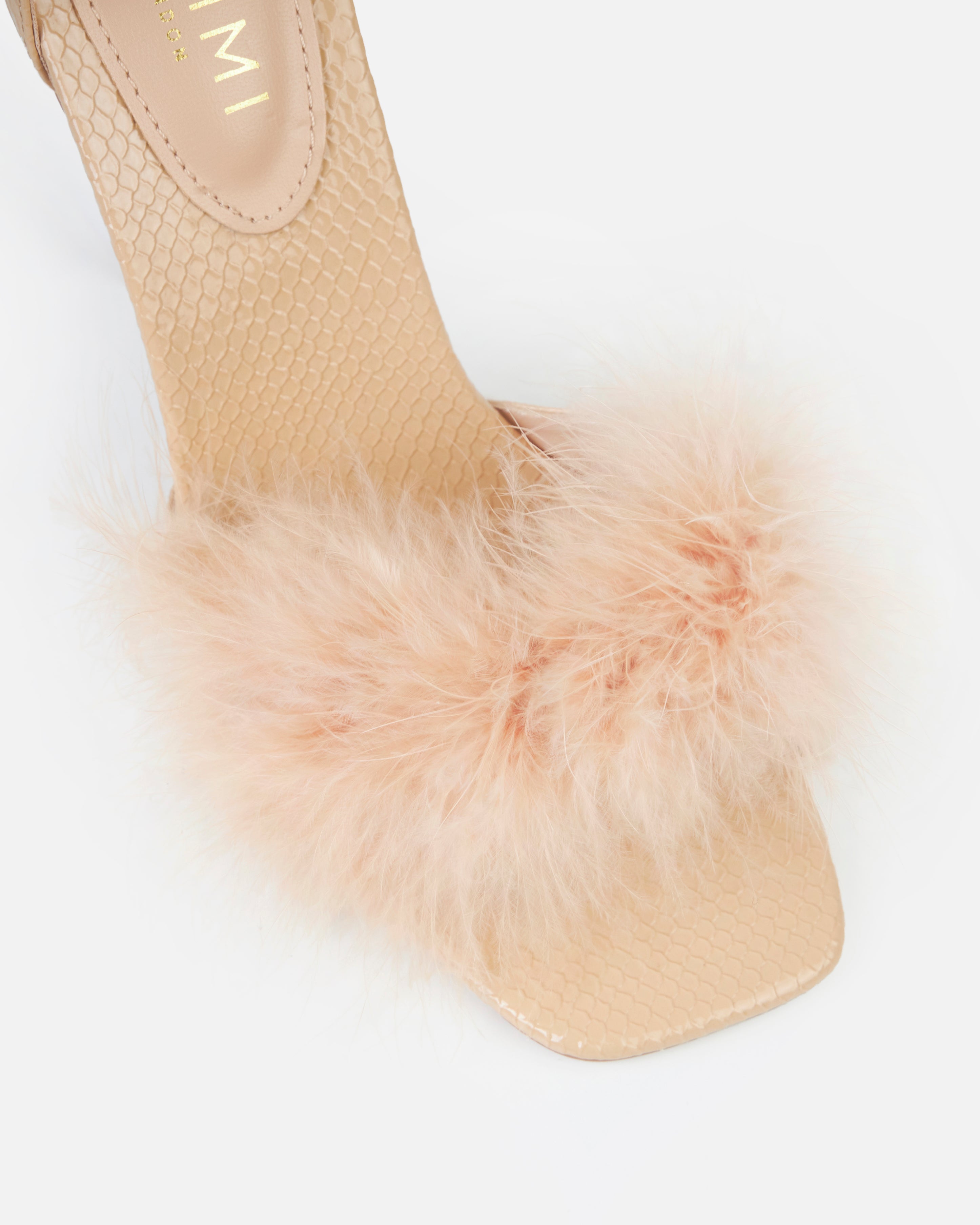 Saphire Nude Faux Snake Fluffy Heeled Sandals With Chains | SIMMI London