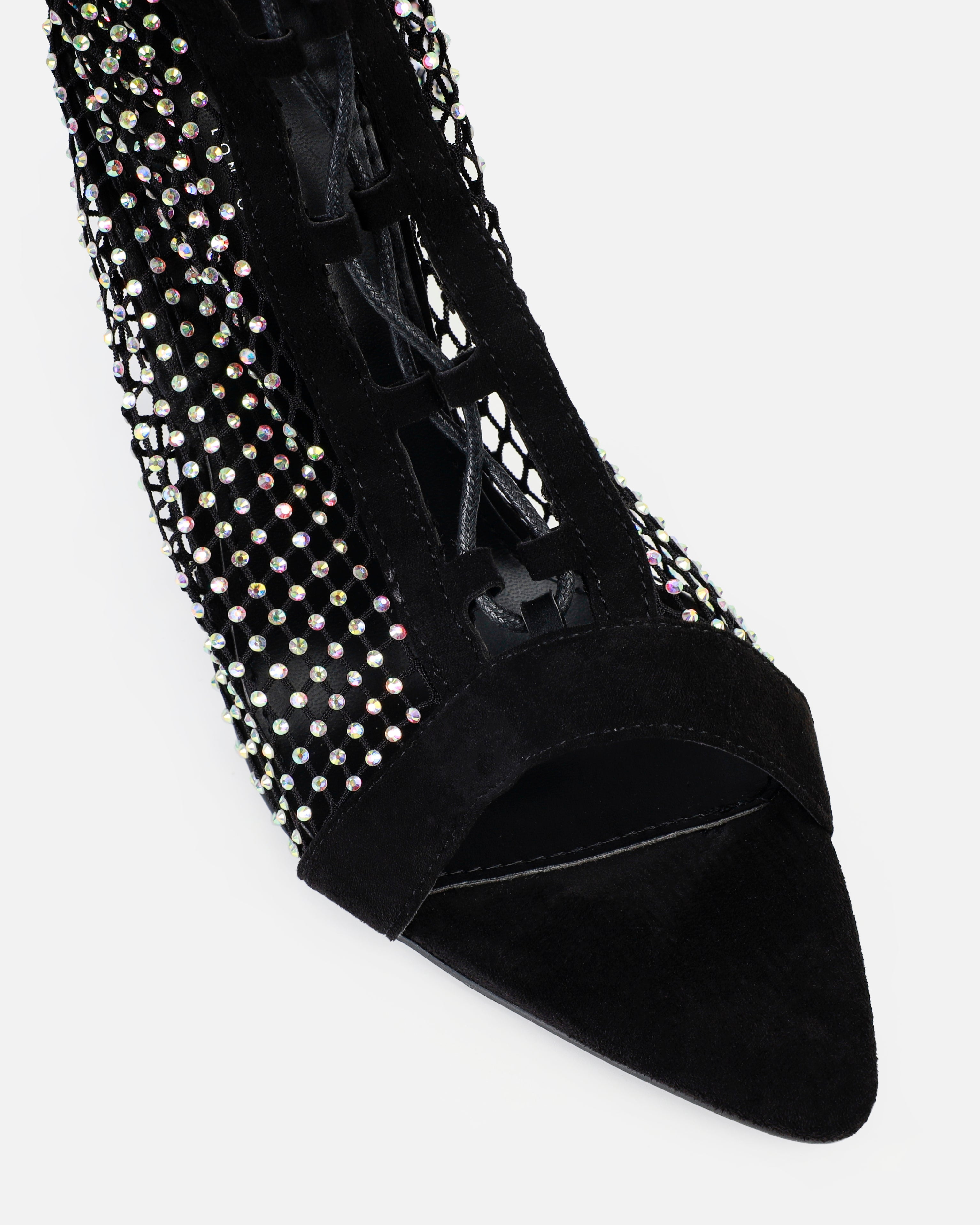 Talitha Black Diamante Mesh Lace Up Thigh High Heels | SIMMI London