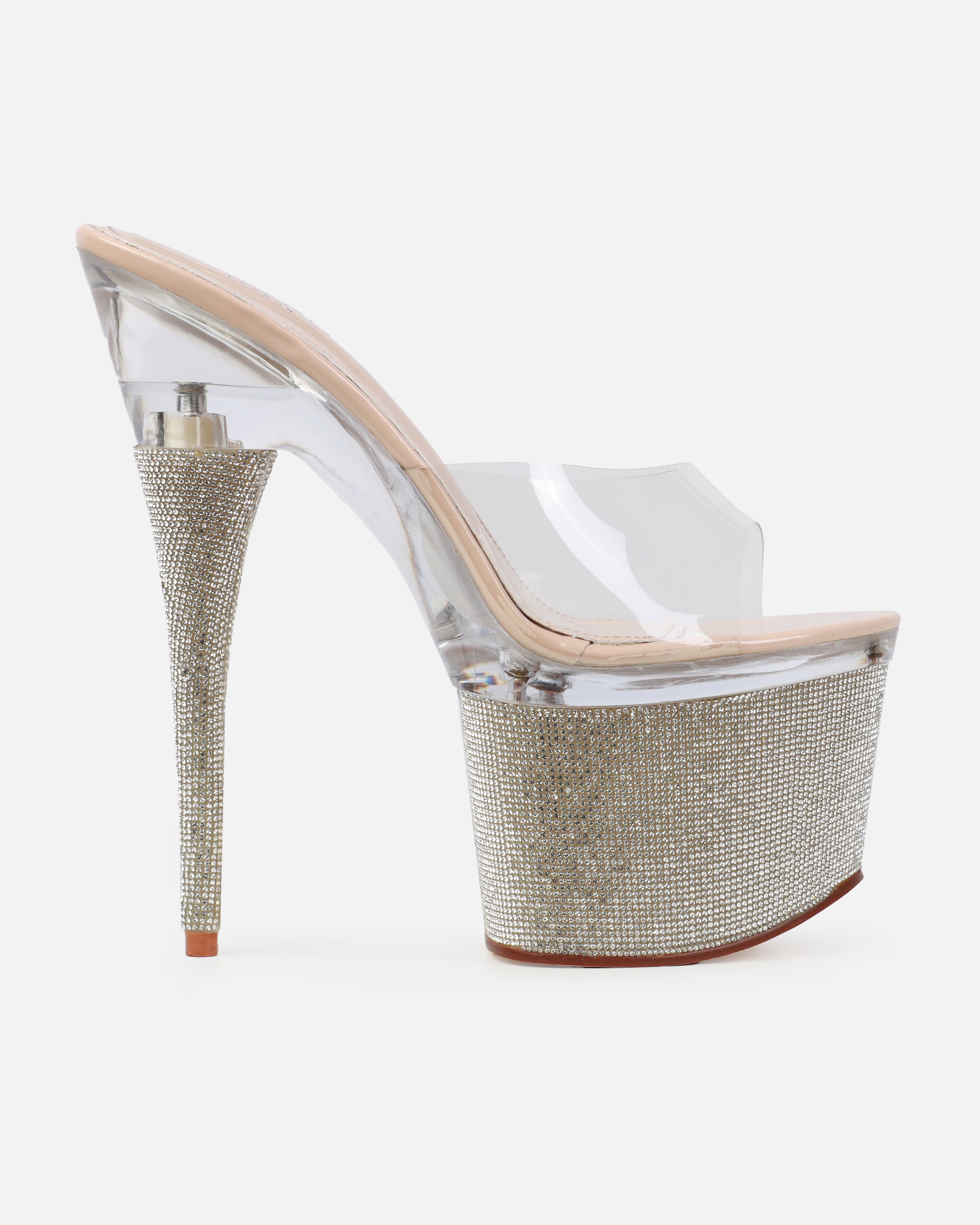 Sansa Clear Nude Diamante Platform Stiletto Mules | SIMMI London