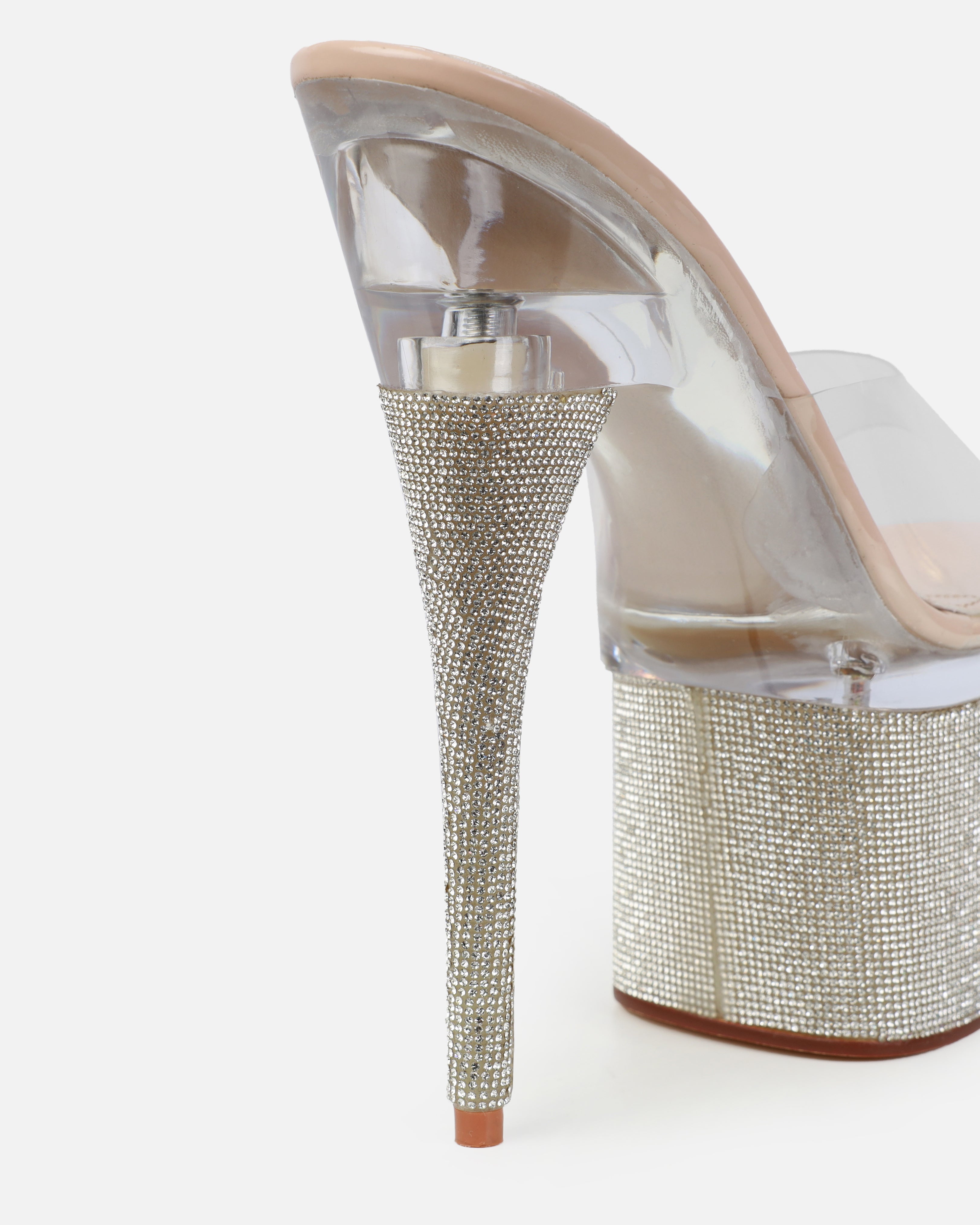 Sansa Clear Nude Diamante Platform Stiletto Mules | SIMMI London