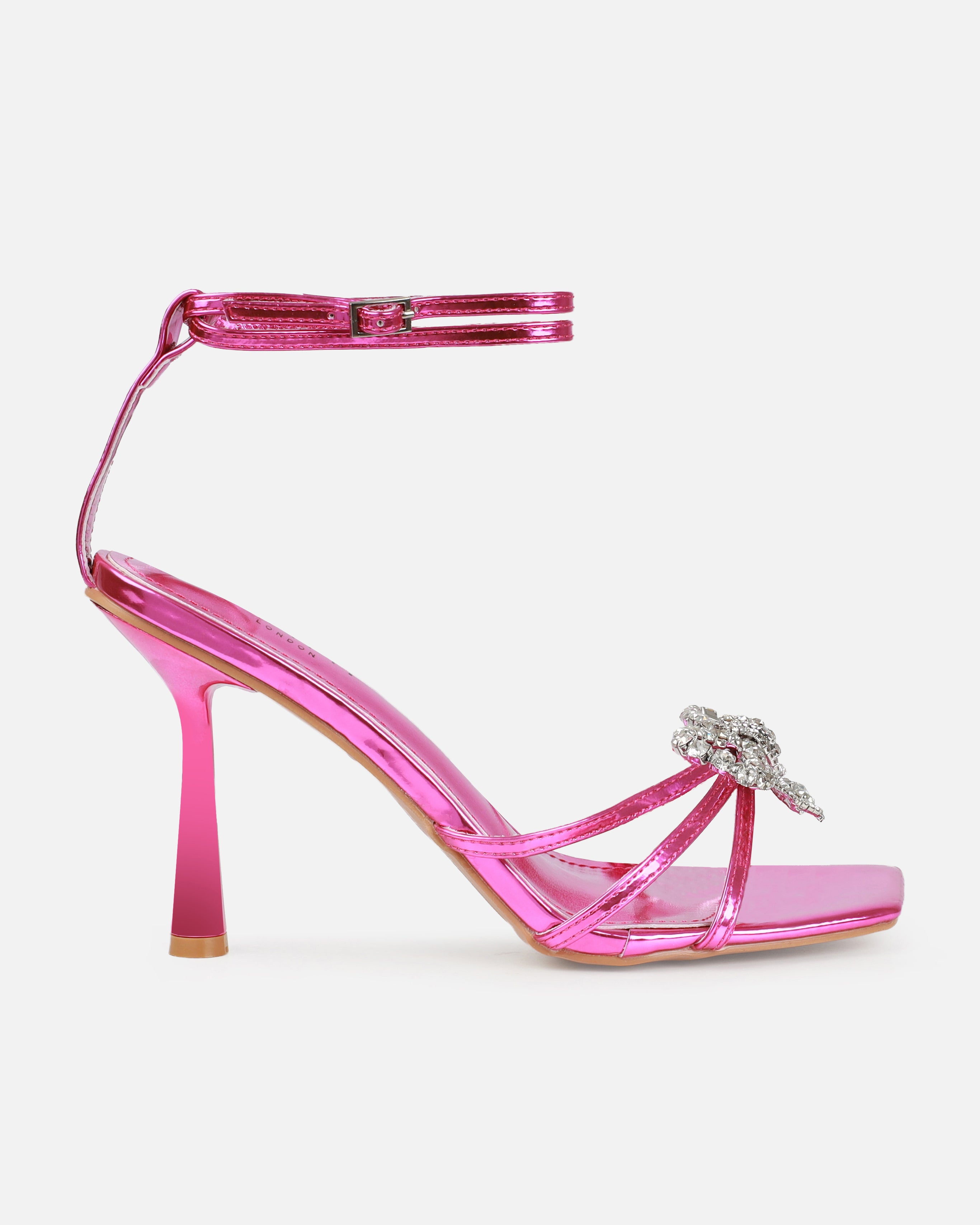 Santo Pink Mirror Diamante Bow Stiletto Heels | SIMMI London