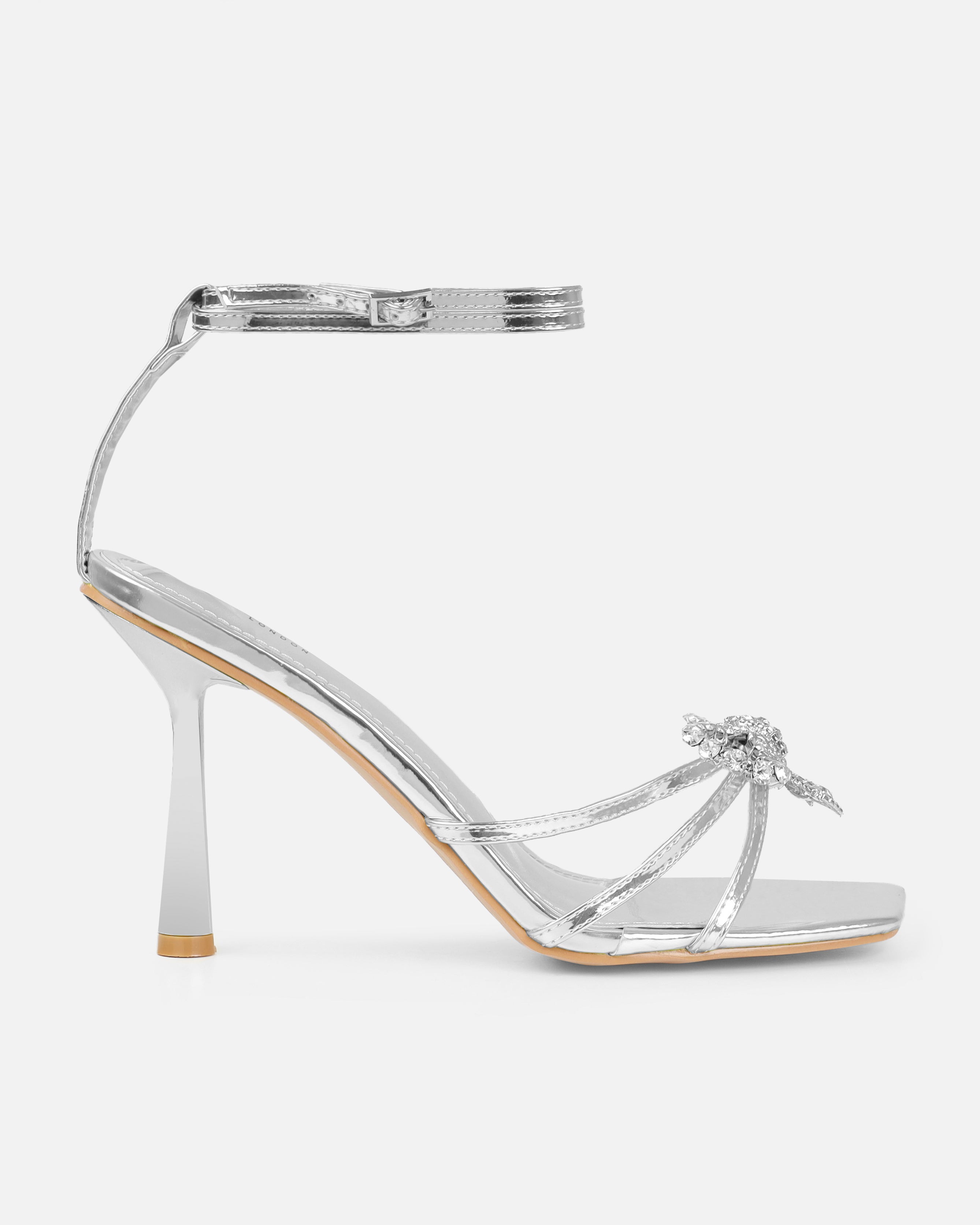 Santo Silver Diamante Bow Stiletto Heels | SIMMI London