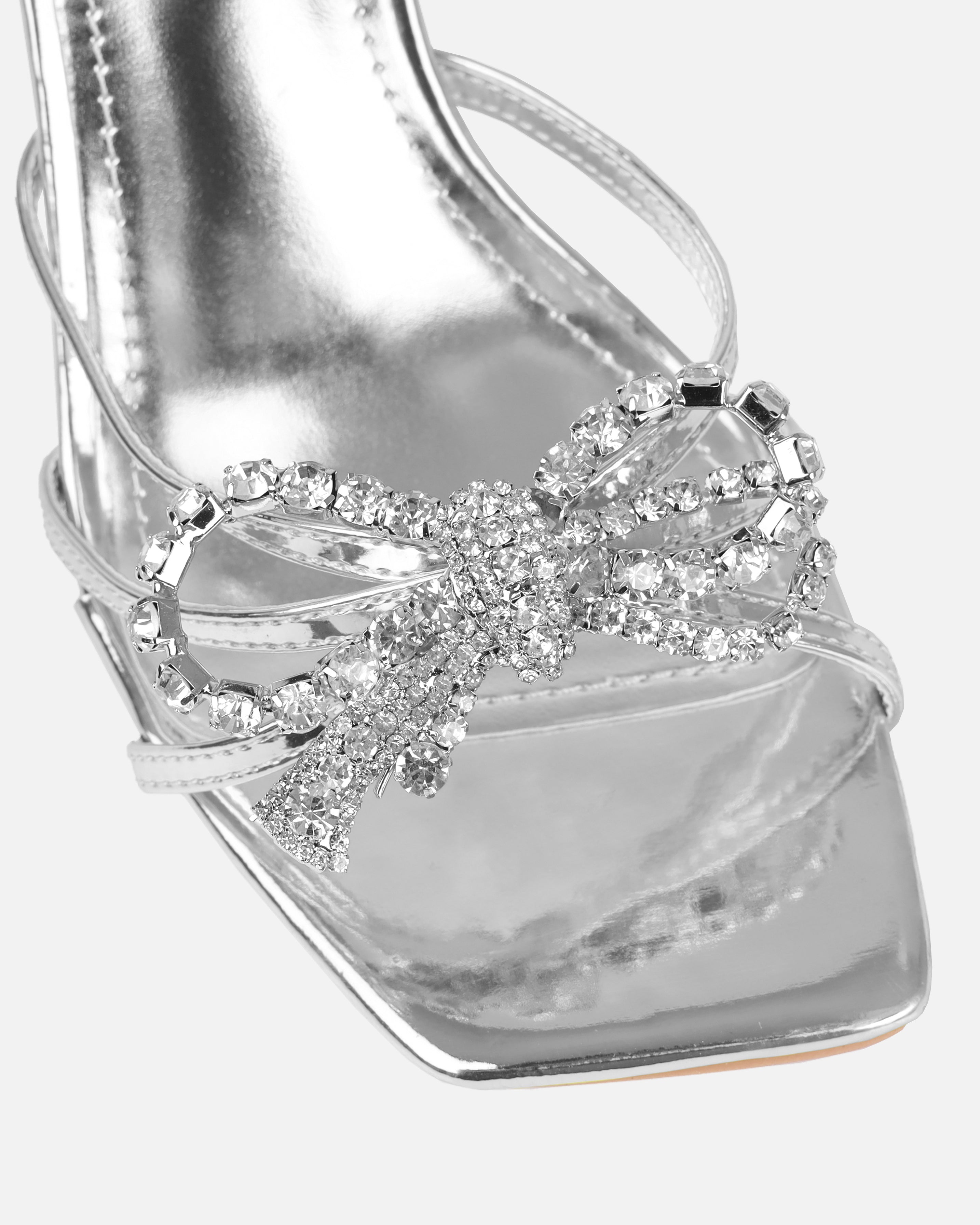 Santo Silver Diamante Bow Stiletto Heels | SIMMI London