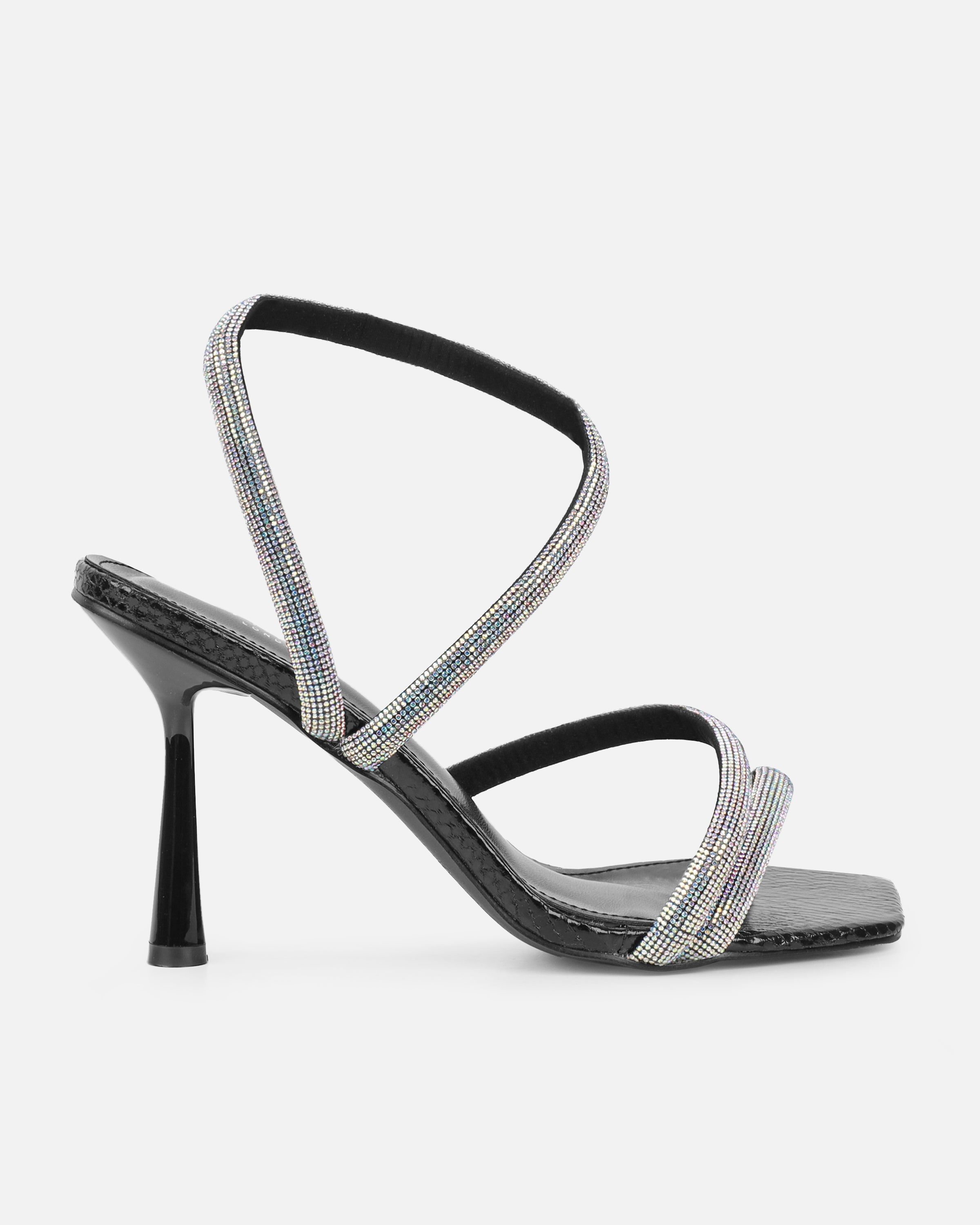 Maella Black Faux Snake Diamante Heeled Sandals | SIMMI London