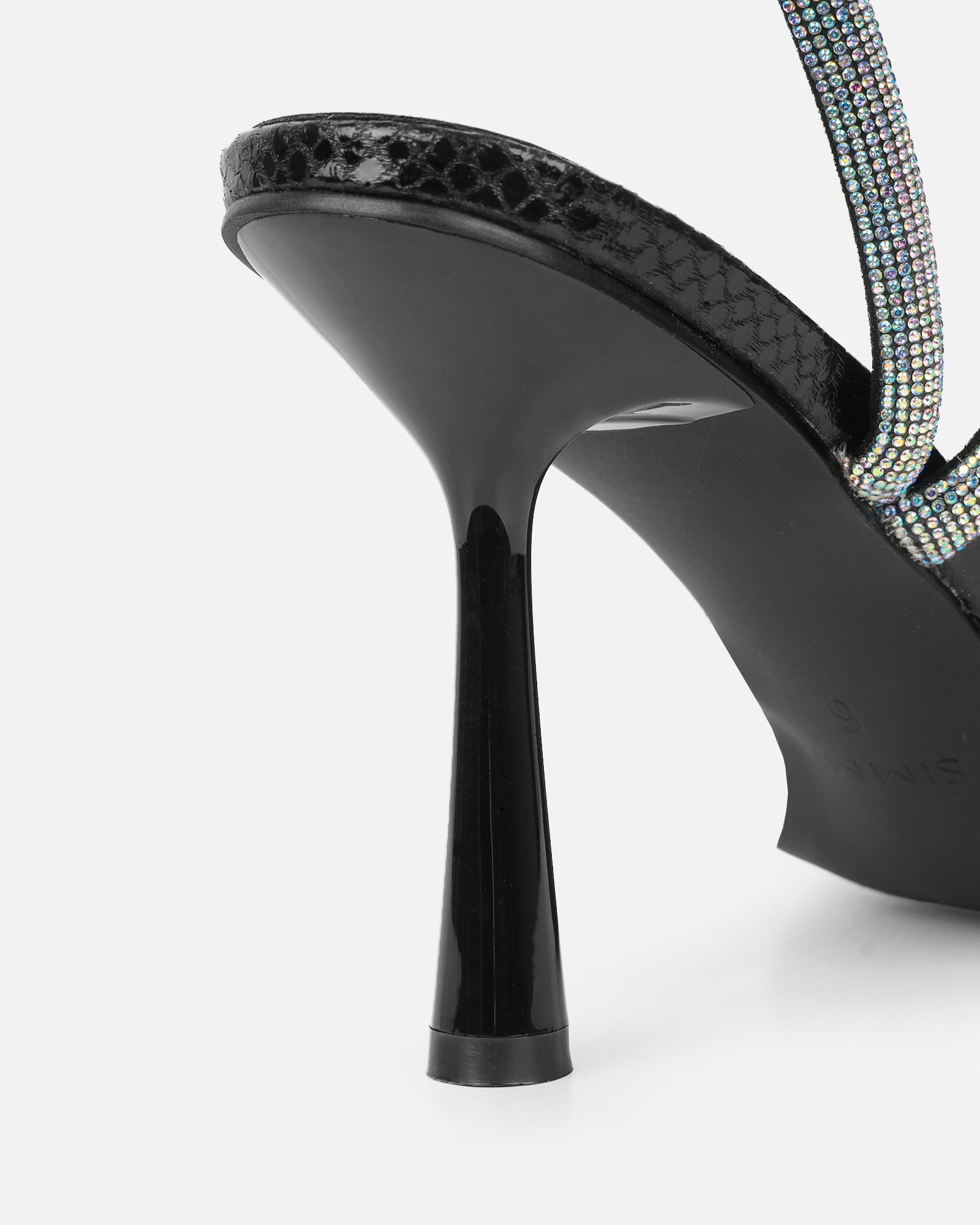 Maella Black Faux Snake Diamante Heeled Sandals | SIMMI London