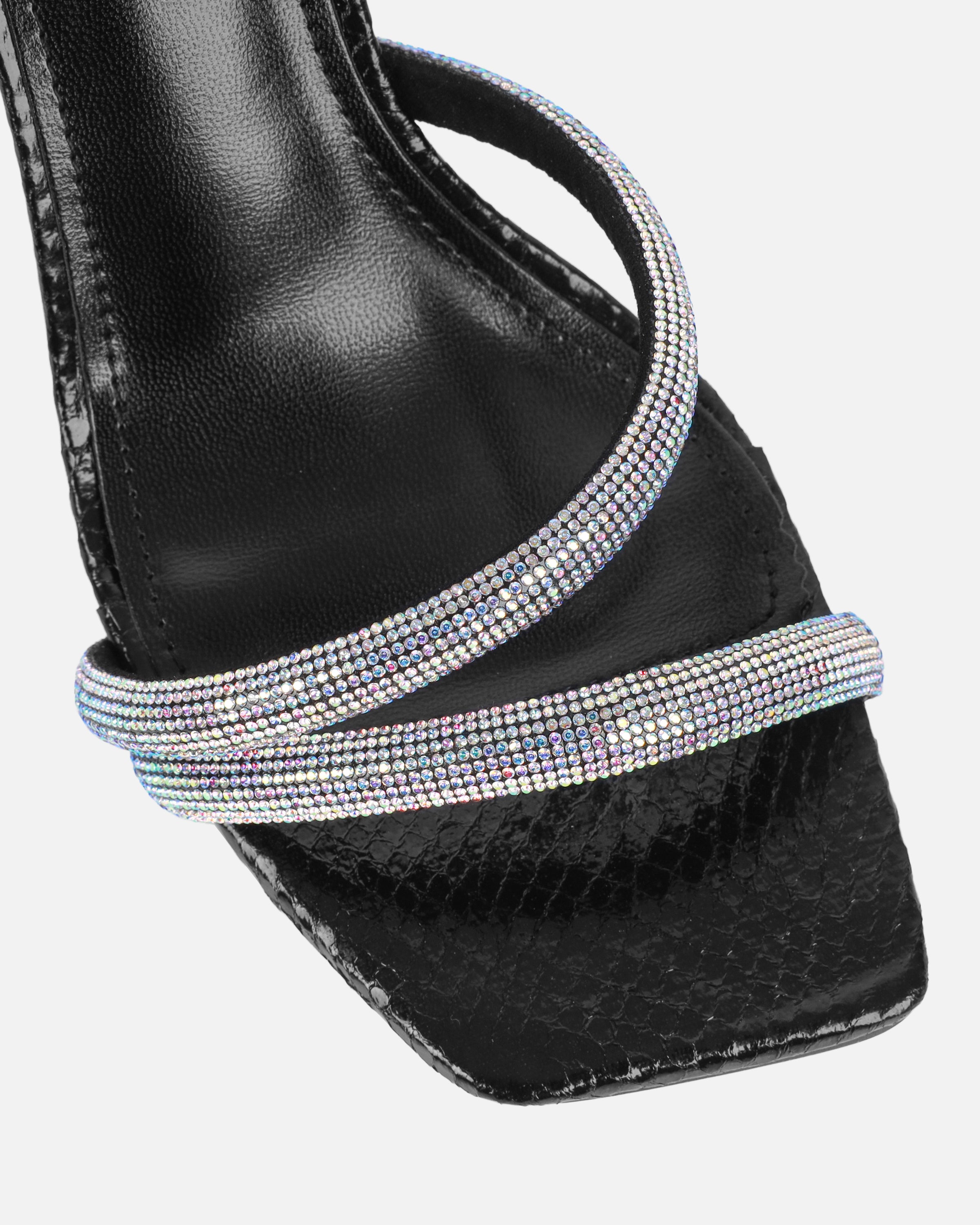 Maella Black Faux Snake Diamante Heeled Sandals | SIMMI London