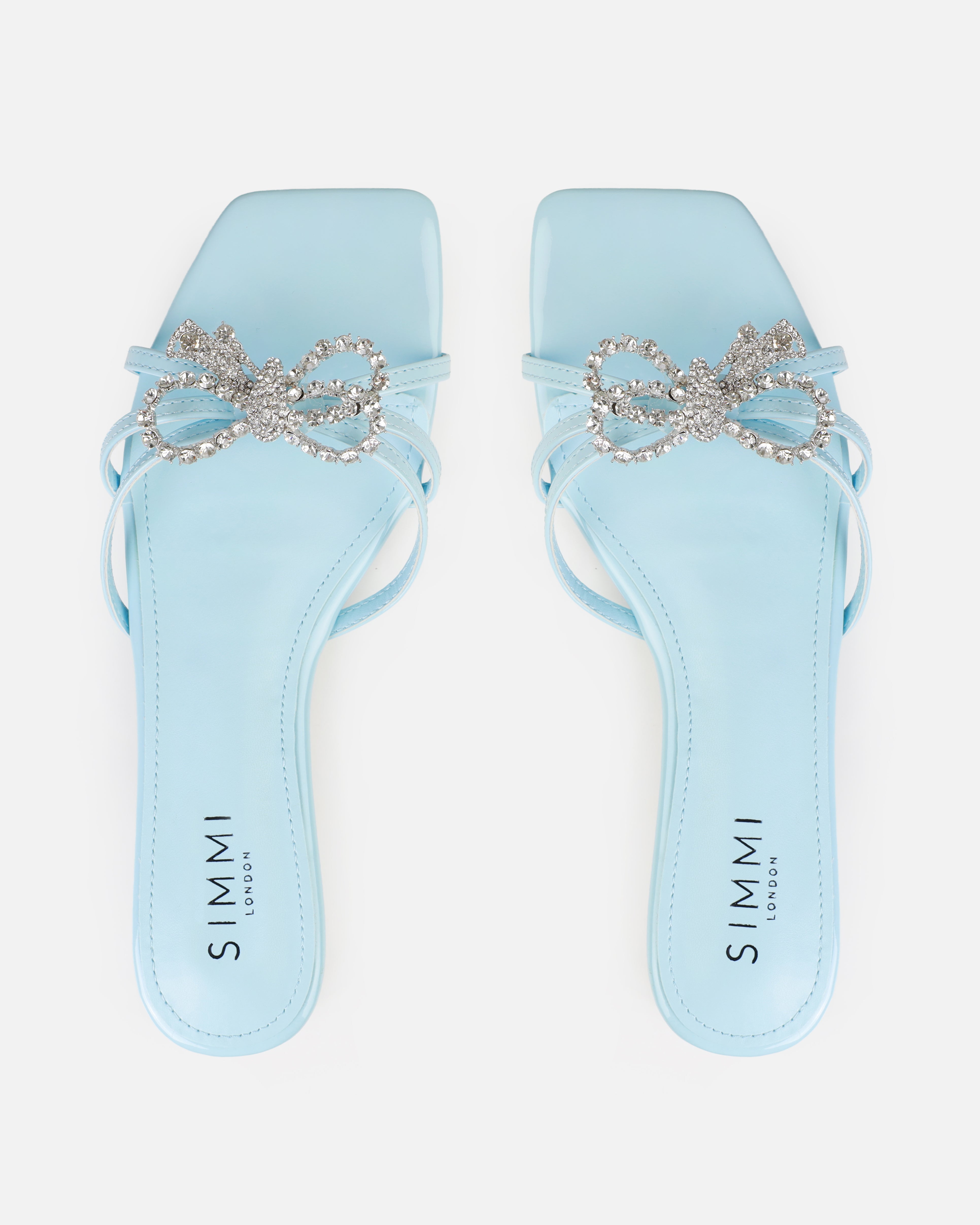 Santos Baby Blue Diamante Bow Flat Sandals | SIMMI London