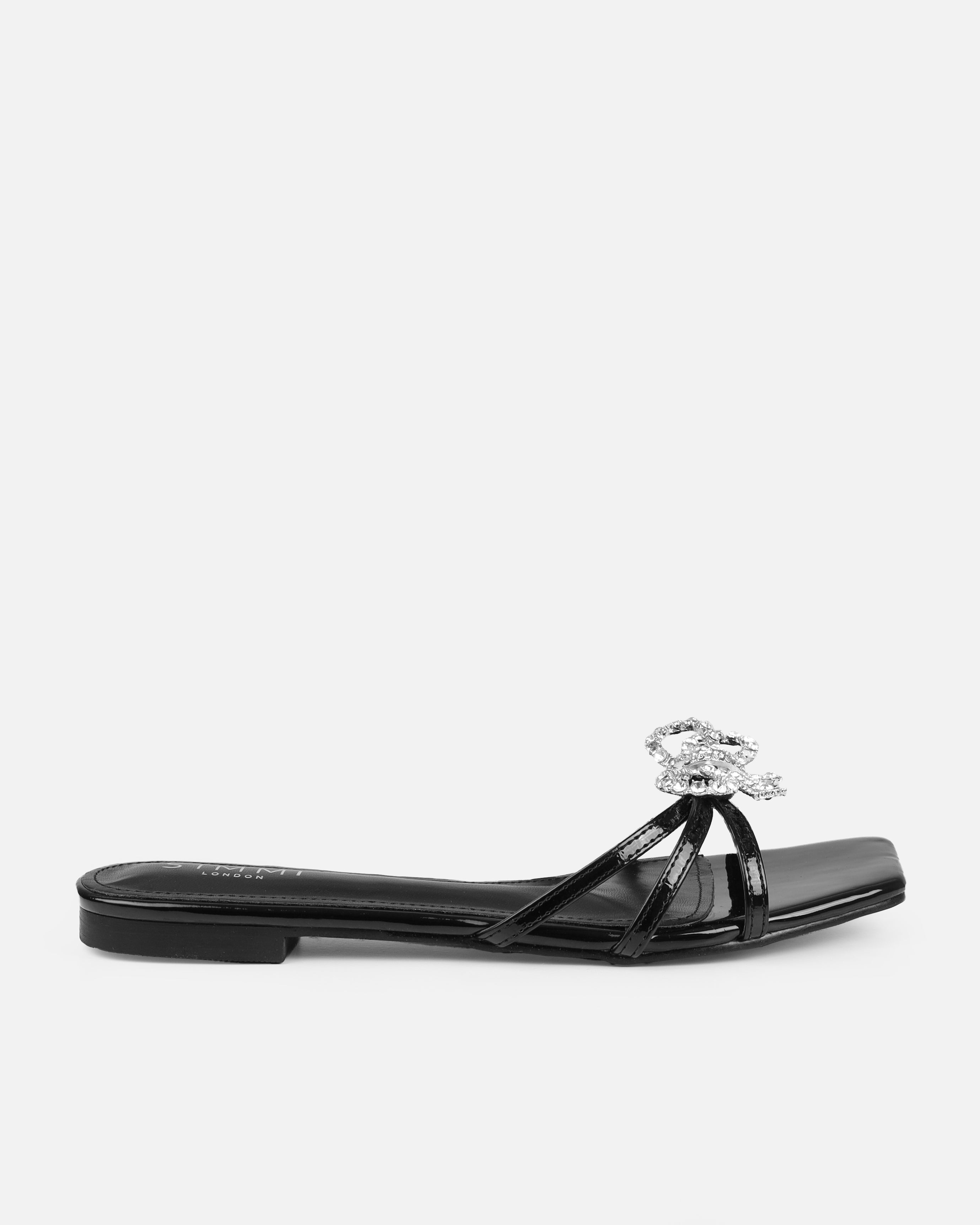 Santos Black Diamante Bow Flat Sandals | SIMMI London