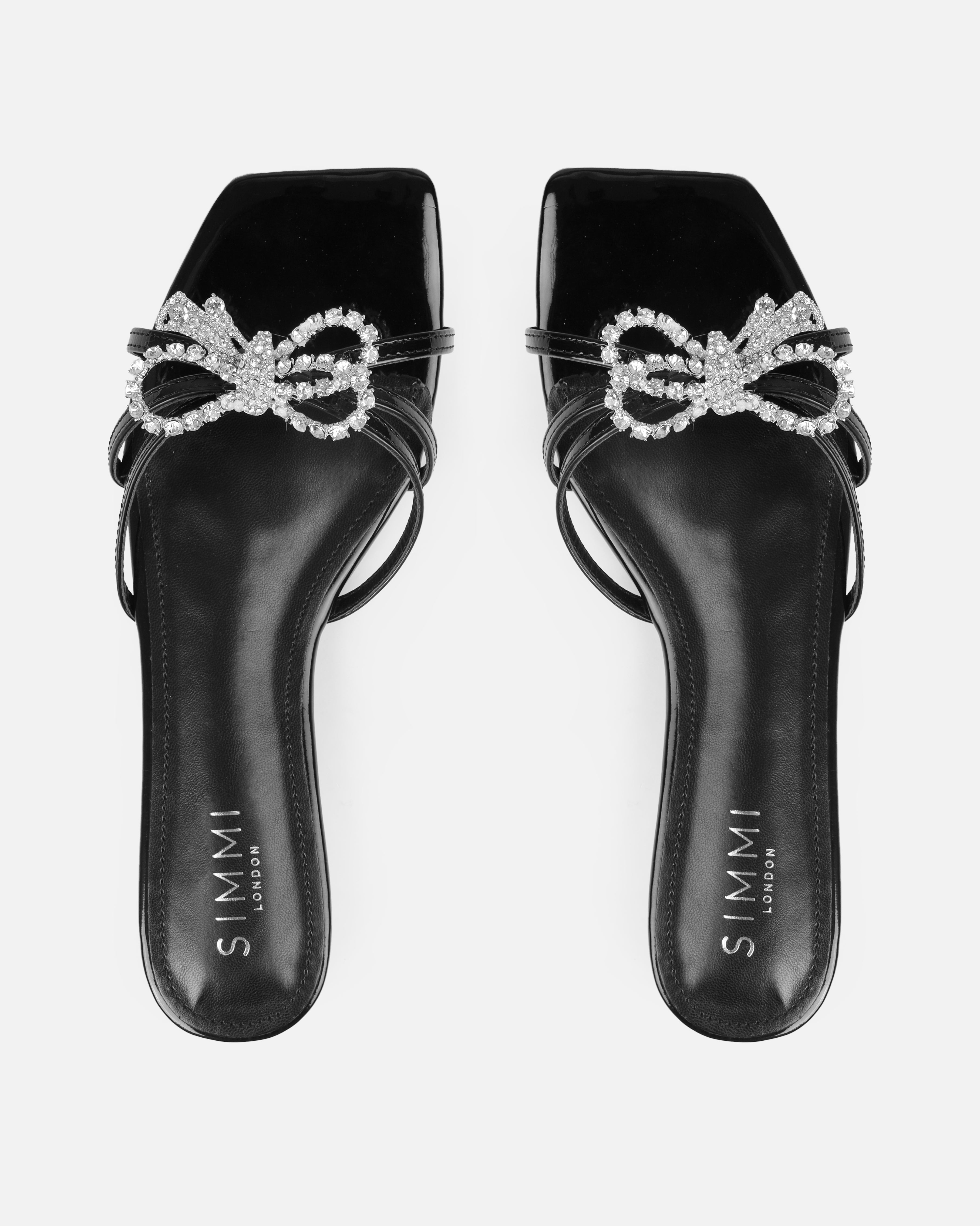 Santos Black Diamante Bow Flat Sandals | SIMMI London