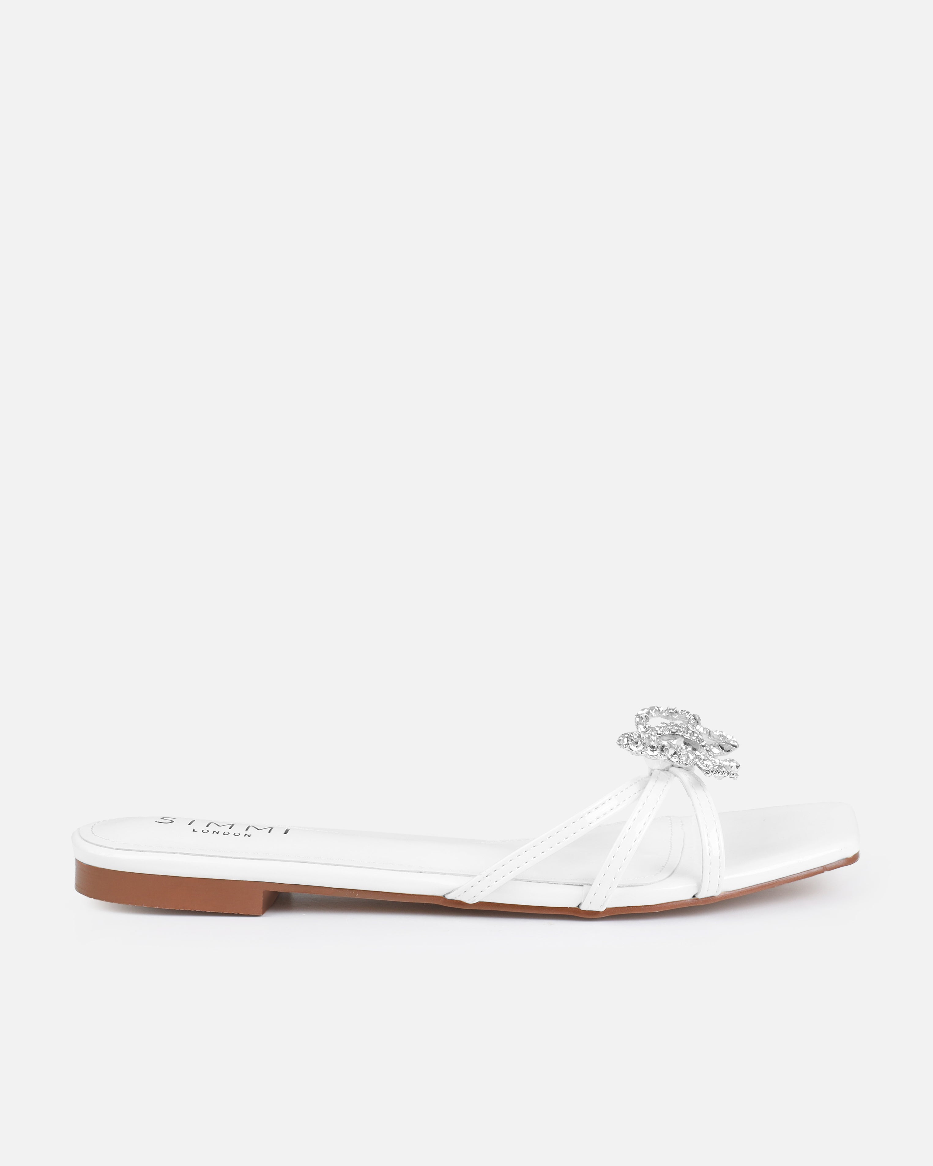 Santos White Diamante Bow Flat Sandals | SIMMI London