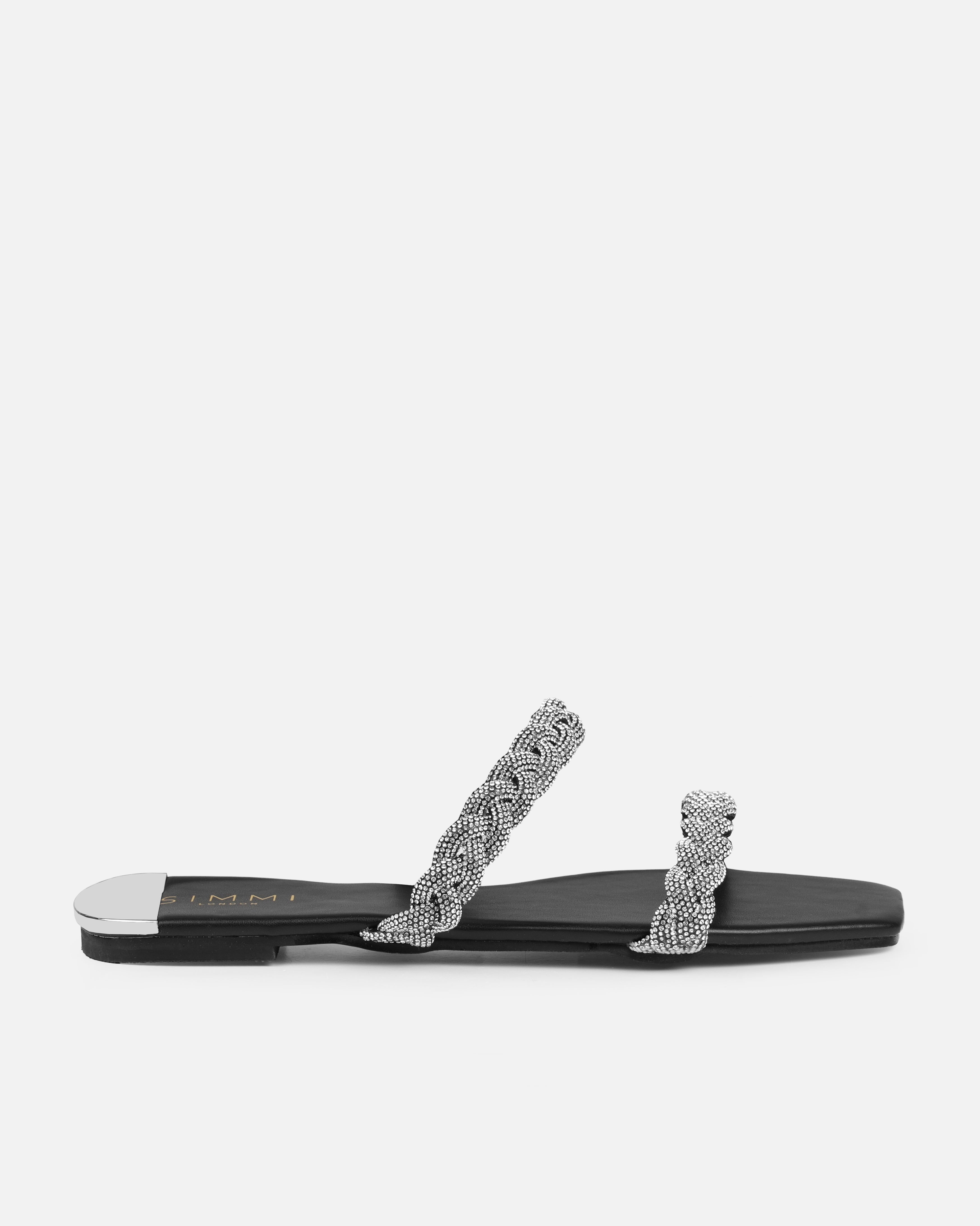 Fayay Black Diamante Plait Flat Slides | SIMMI London