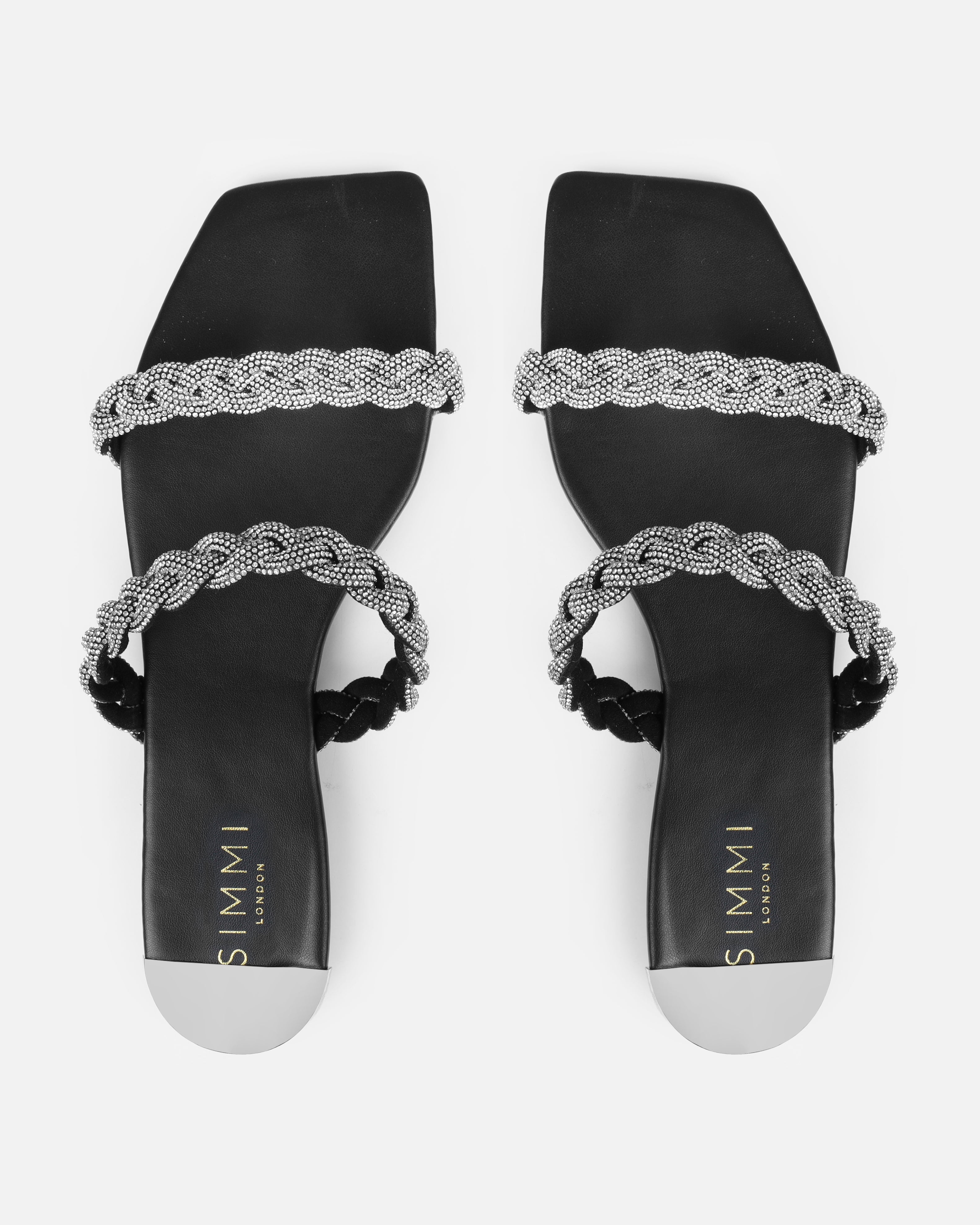Fayay Black Diamante Plait Flat Slides | SIMMI London