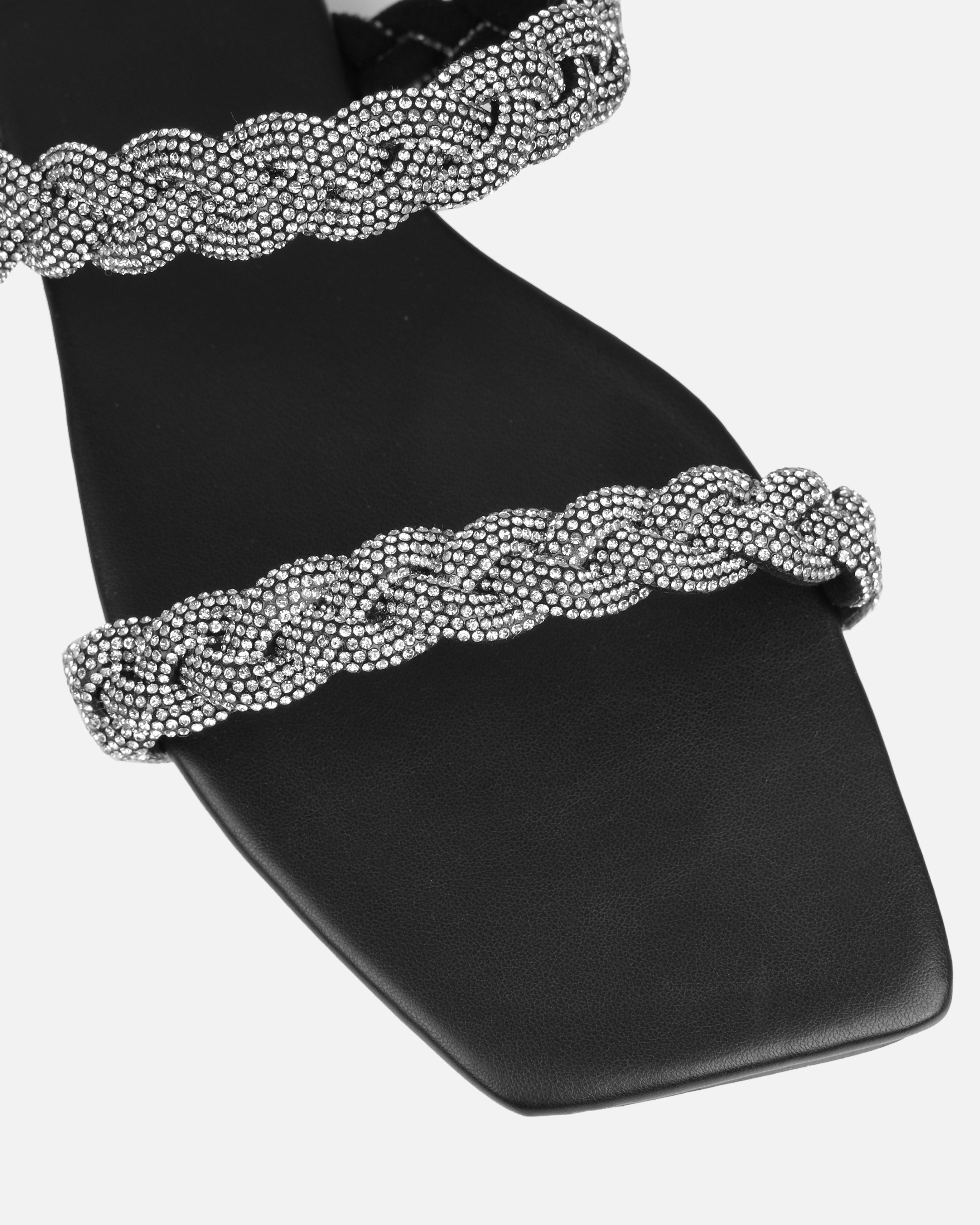 Fayay Black Diamante Plait Flat Slides | SIMMI London