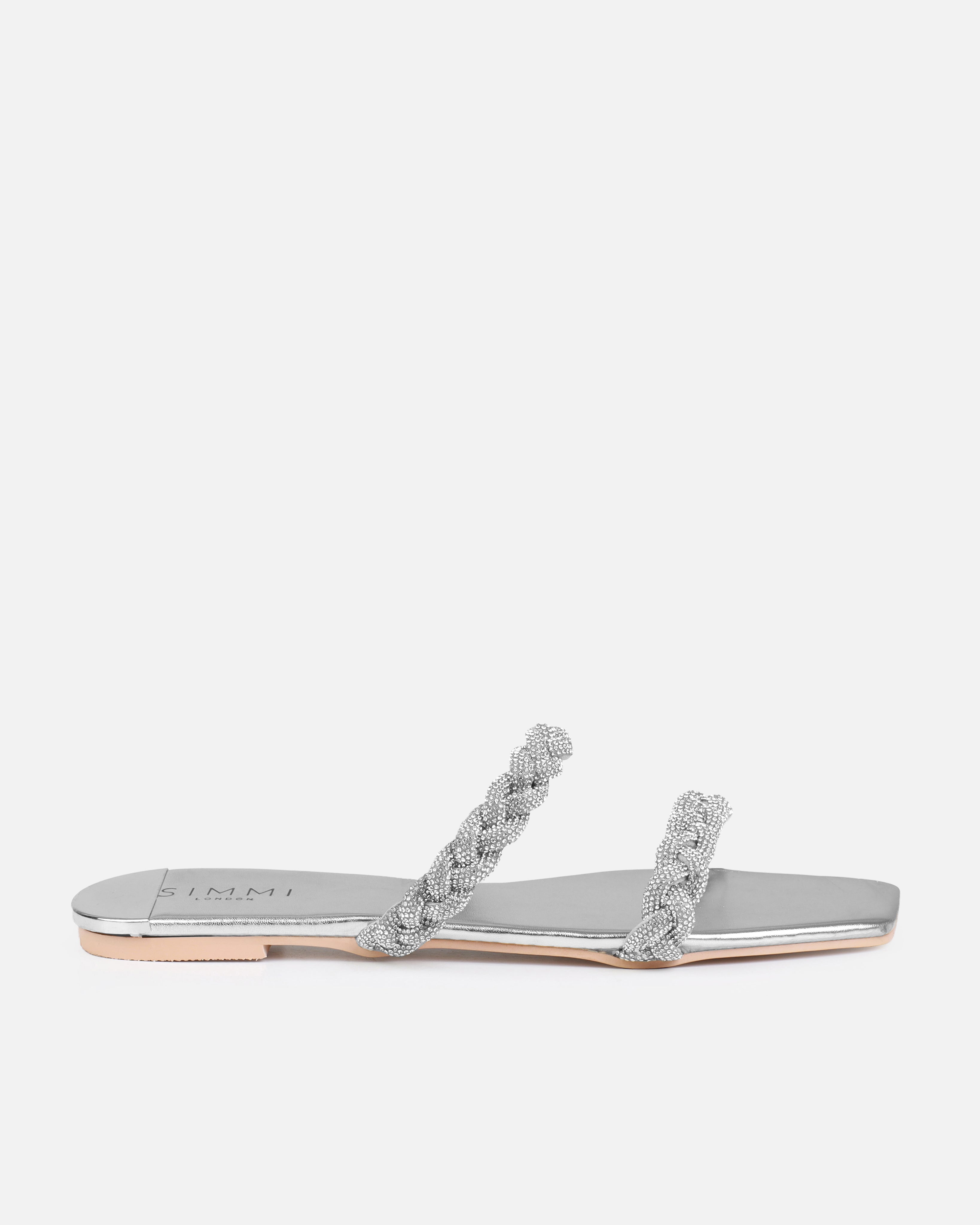 Fayay Silver Diamante Plait Flat Slides | SIMMI London