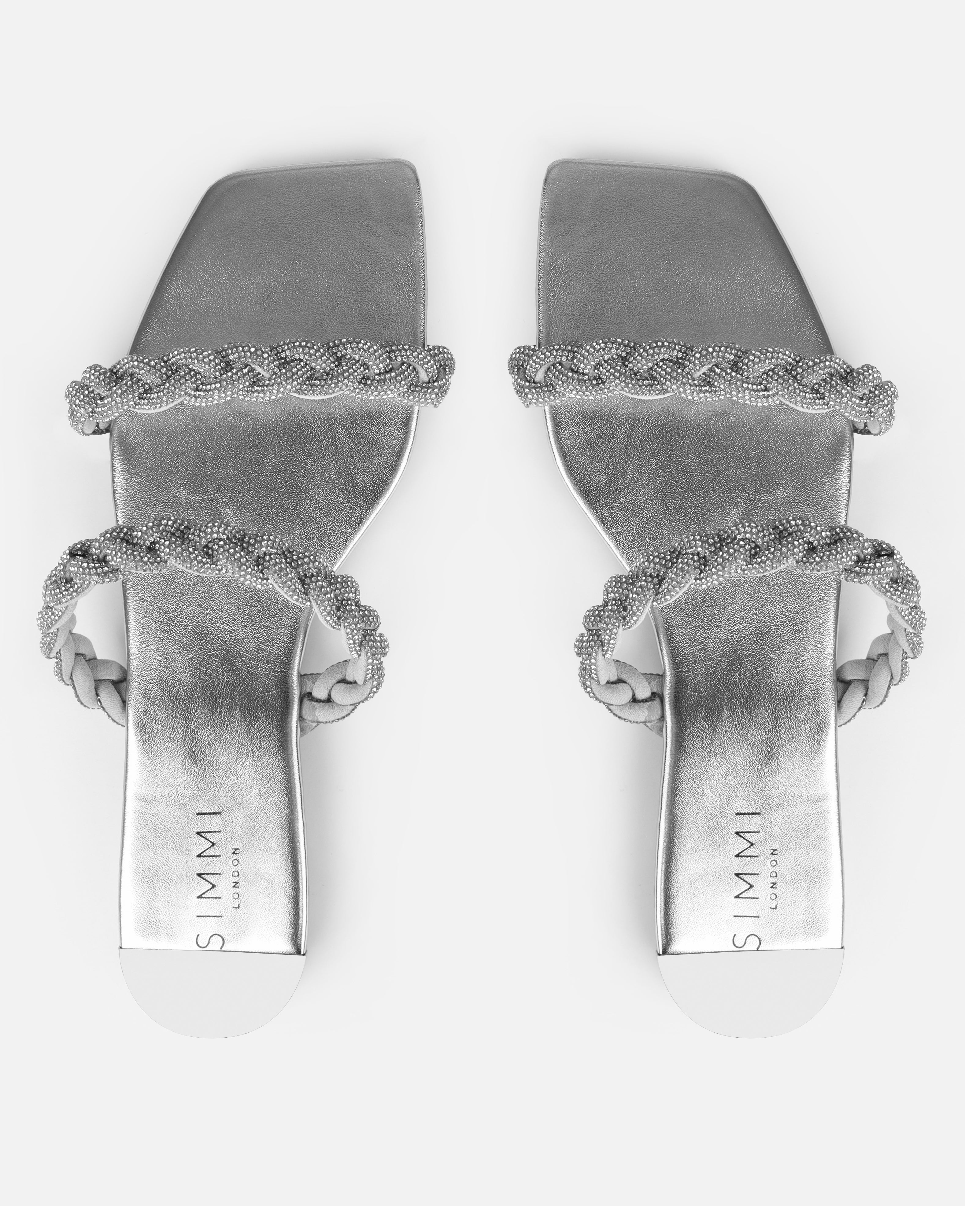 Fayay Silver Diamante Plait Flat Slides | SIMMI London