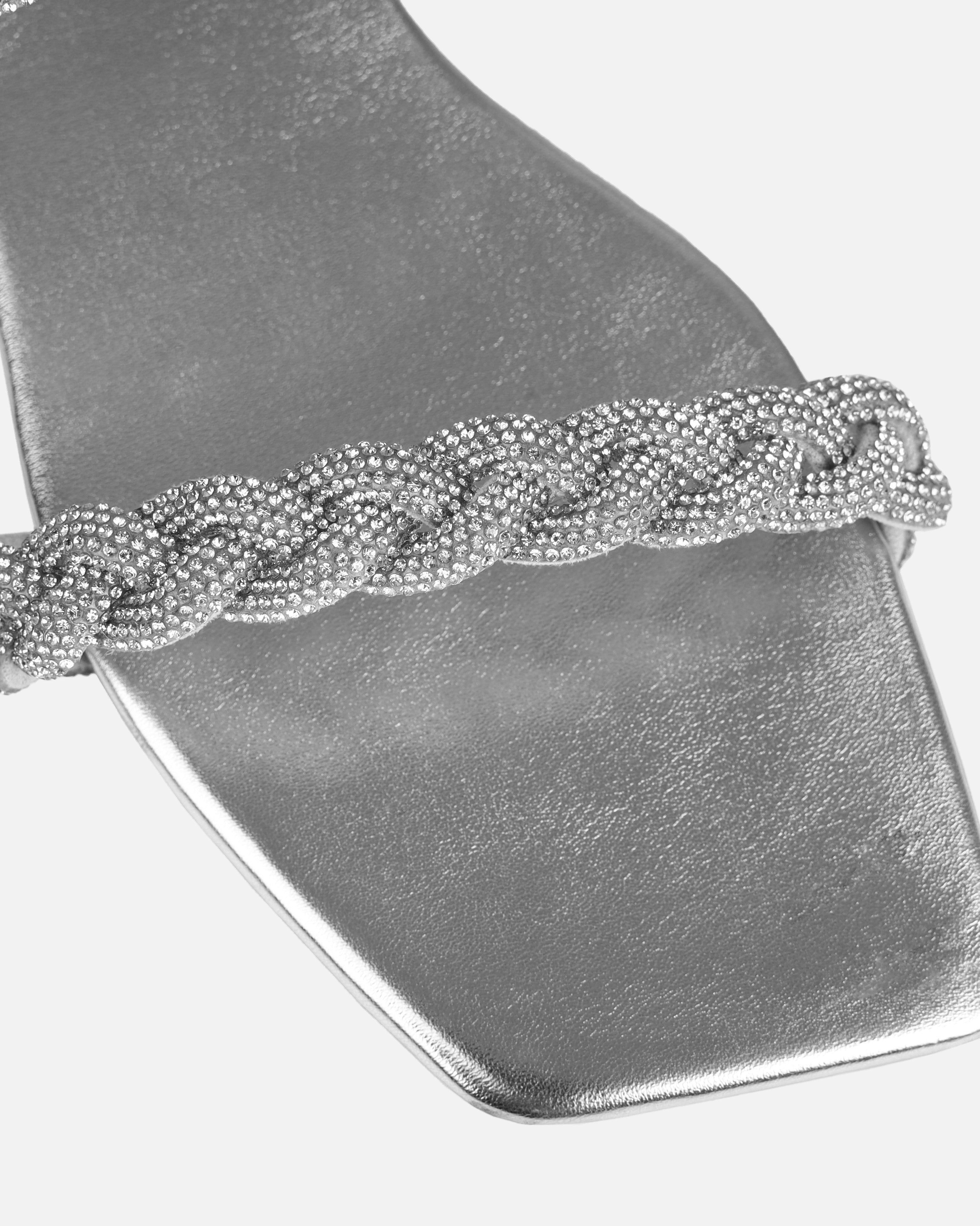 Fayay Silver Diamante Plait Flat Slides | SIMMI London