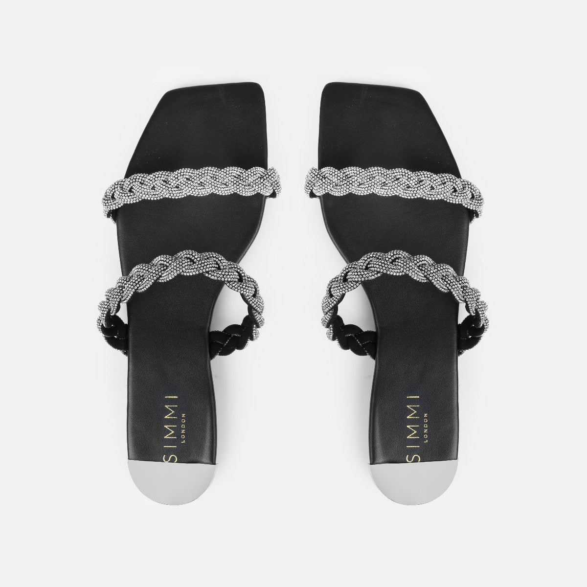 Fayay Wide Fit Black Diamante Plait Flat Slides | SIMMI London