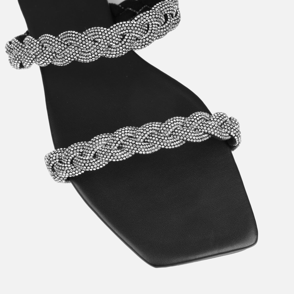 Fayay Wide Fit Black Diamante Plait Flat Slides | SIMMI London