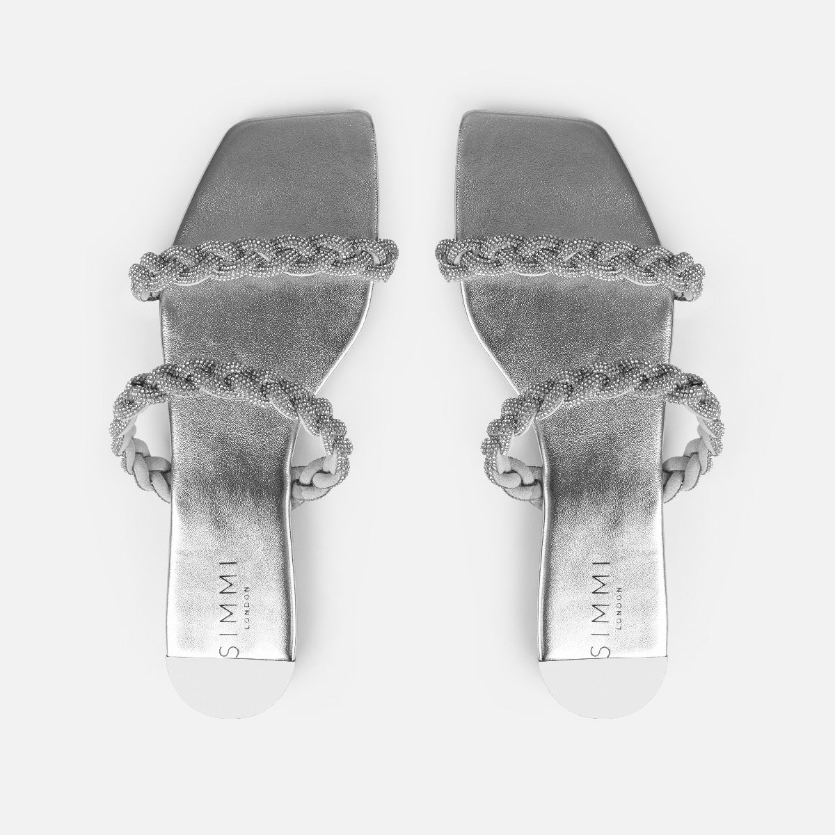 Fayay Wide Fit Silver Diamante Plait Flat Slides | SIMMI London