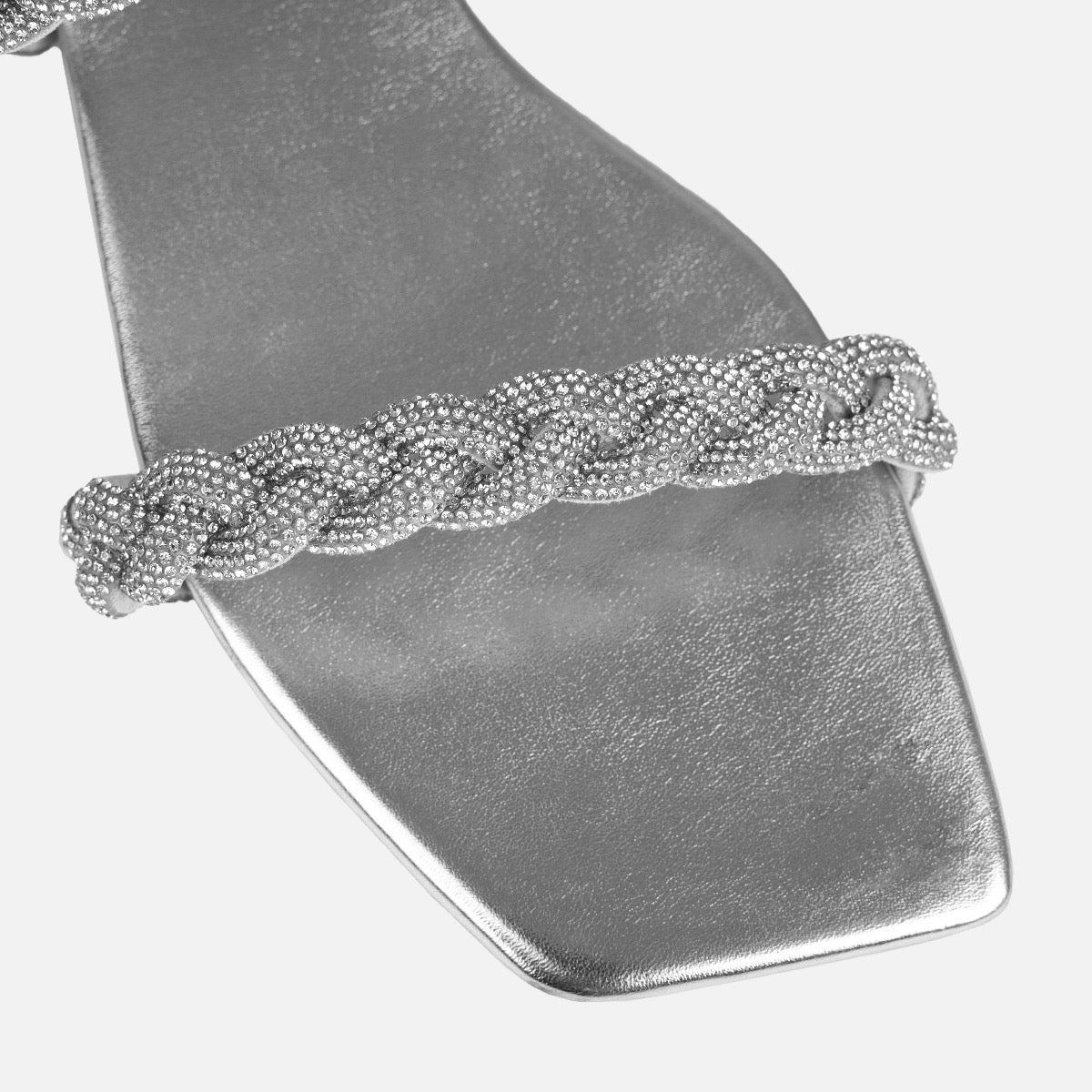 Fayay Wide Fit Silver Diamante Plait Flat Slides | SIMMI London