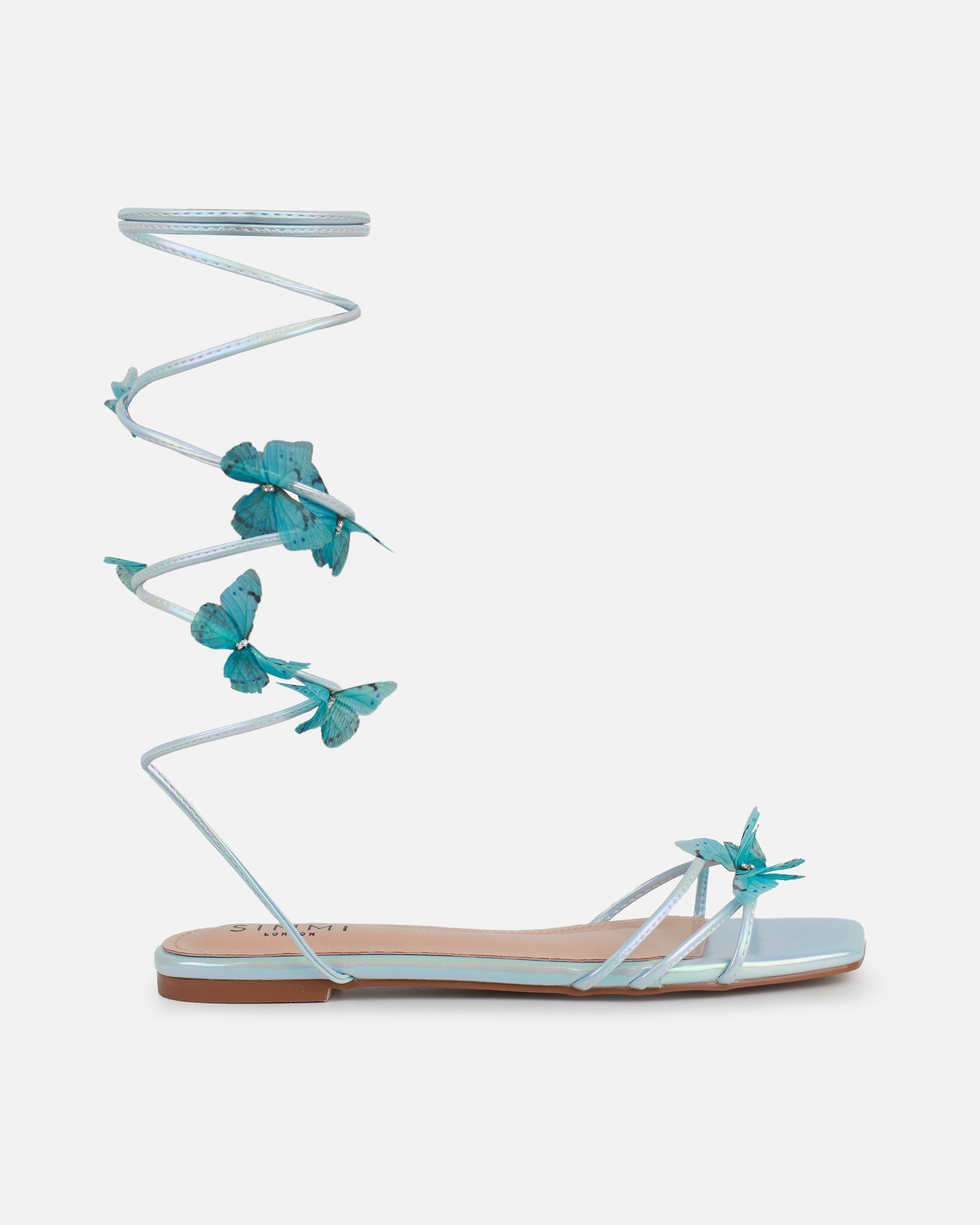 Emerald Blue Butterfly Lace Up Flat Sandals | SIMMI London