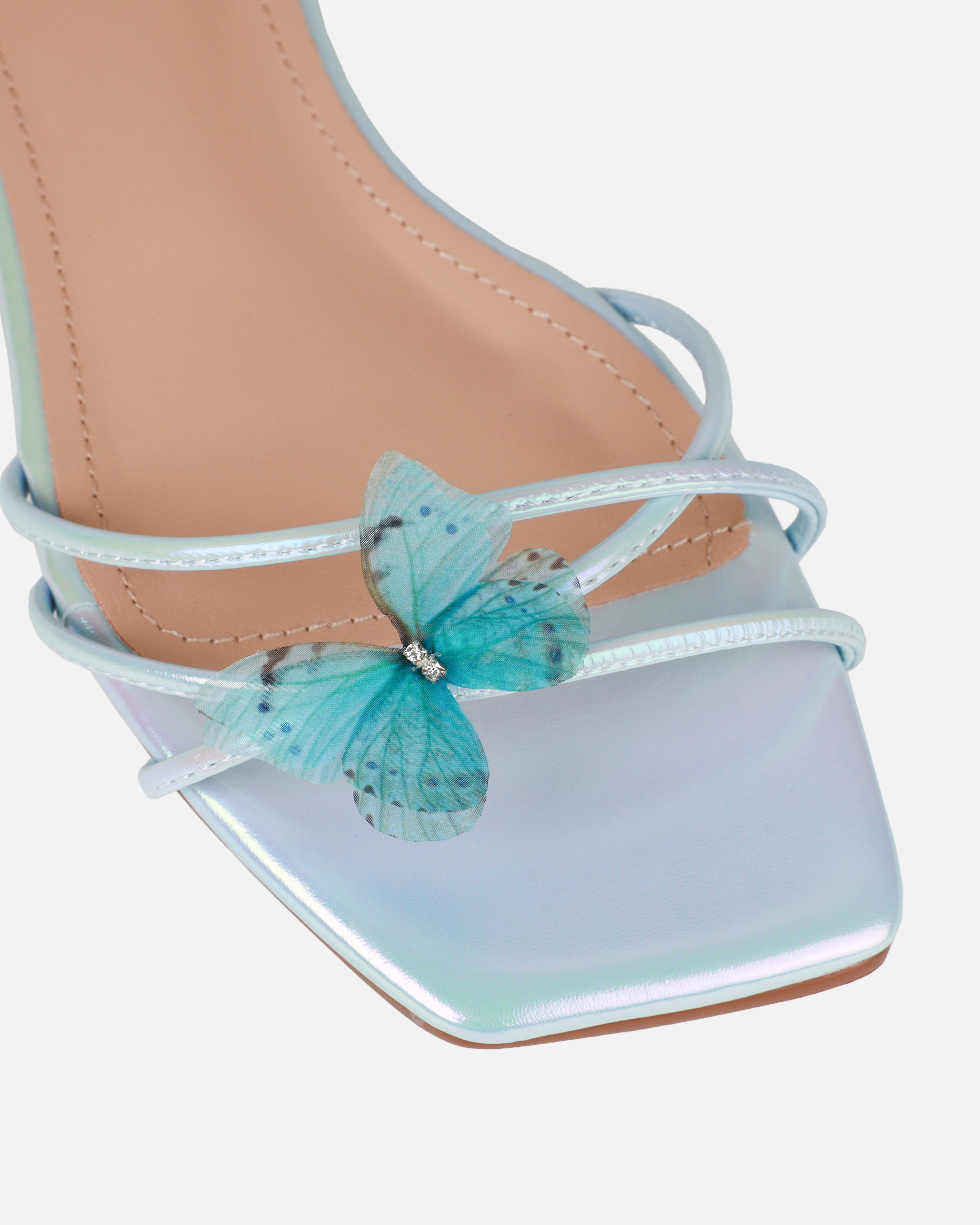 Emerald Blue Butterfly Lace Up Flat Sandals | SIMMI London 