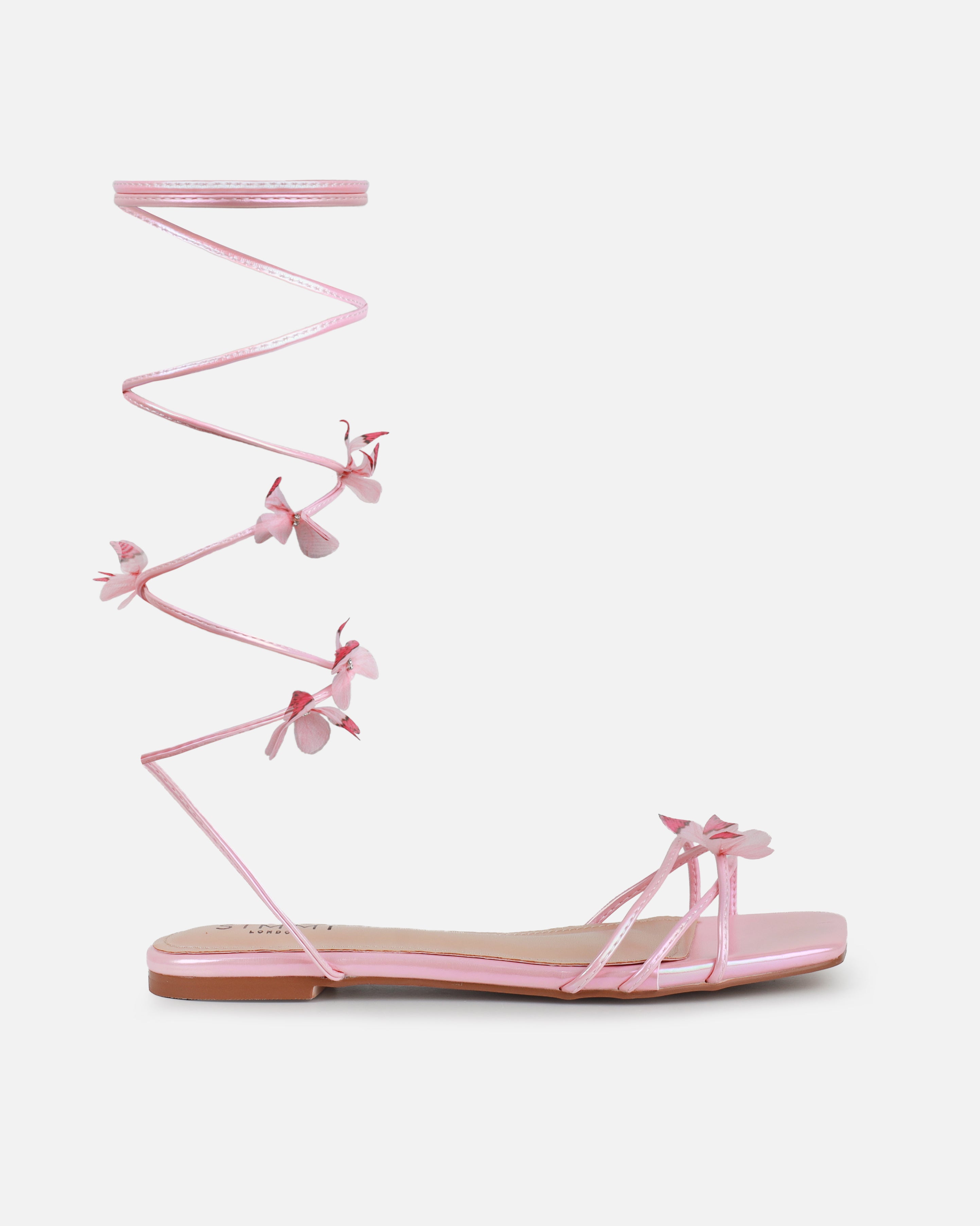 Emerald Pink Butterfly Lace Up Flat Sandals | SIMMI London