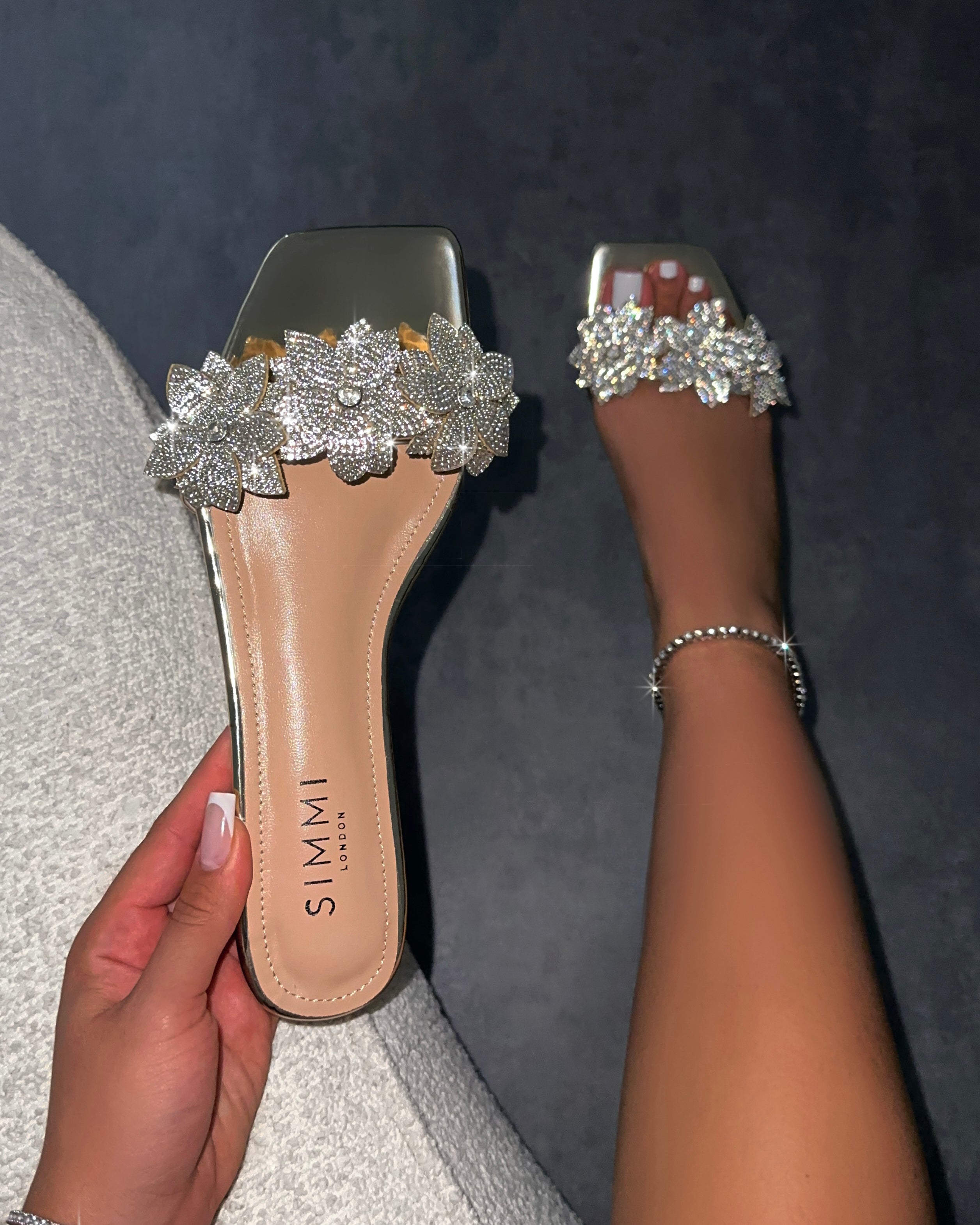 Abbie Gold Mirror Flower Diamante Flat Sandals | SIMMI London