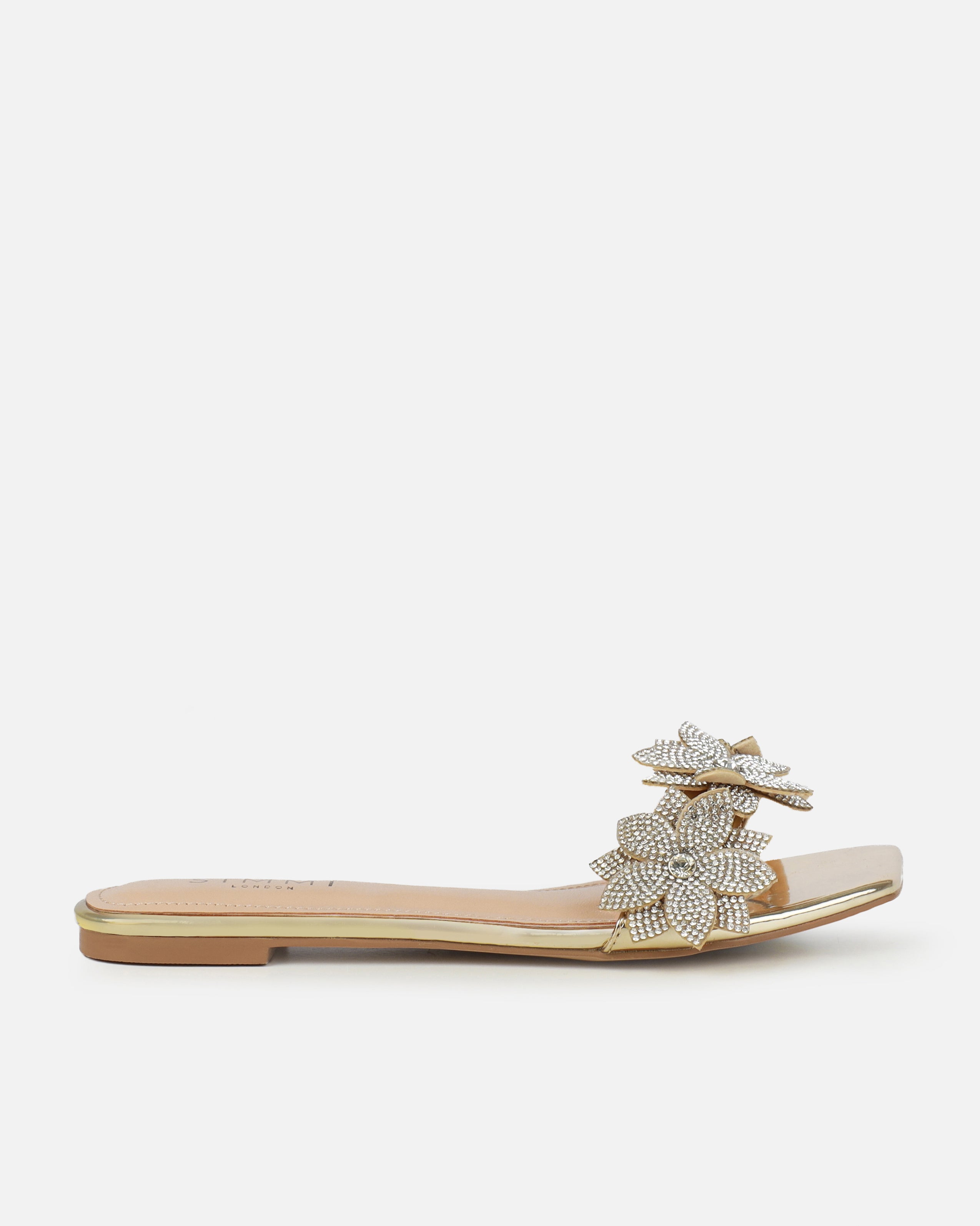 Abbie Gold Mirror Flower Diamante Flat Sandals | SIMMI London