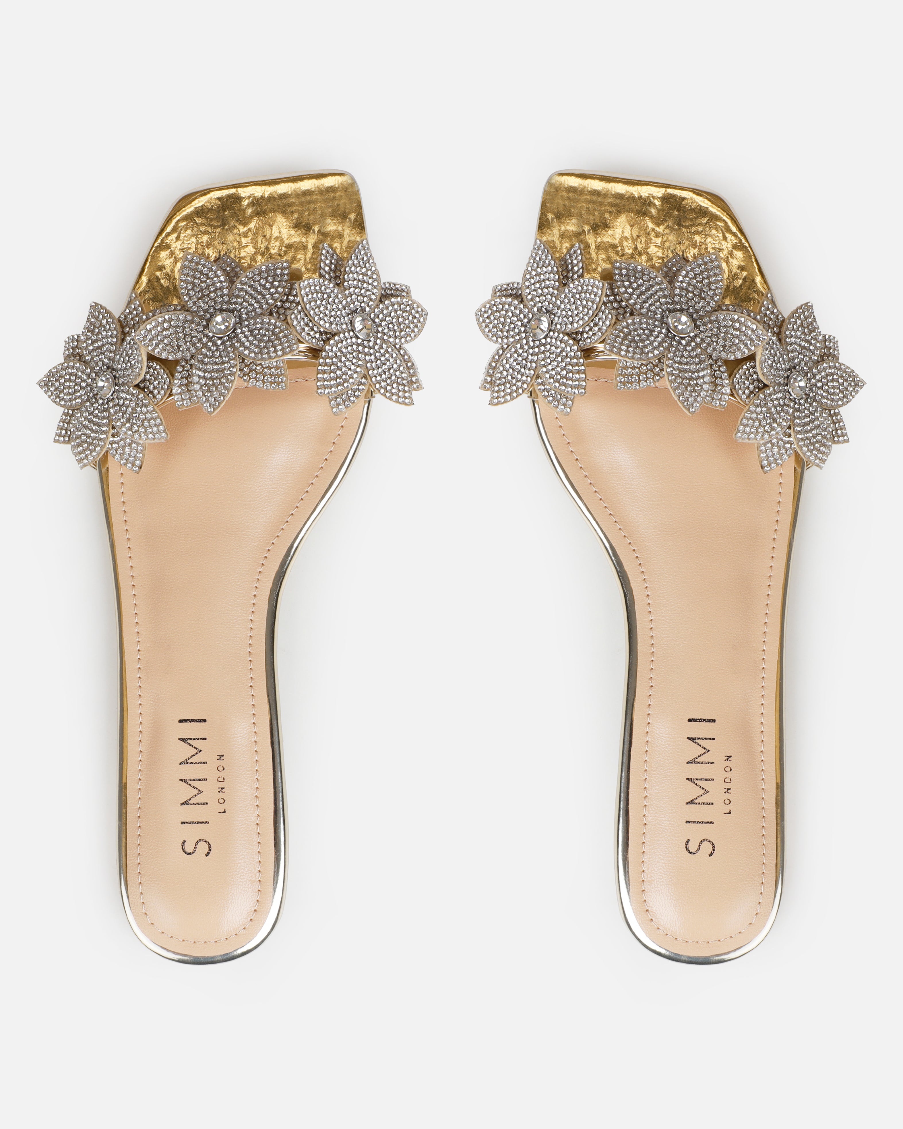 Abbie Gold Mirror Flower Diamante Flat Sandals | SIMMI London